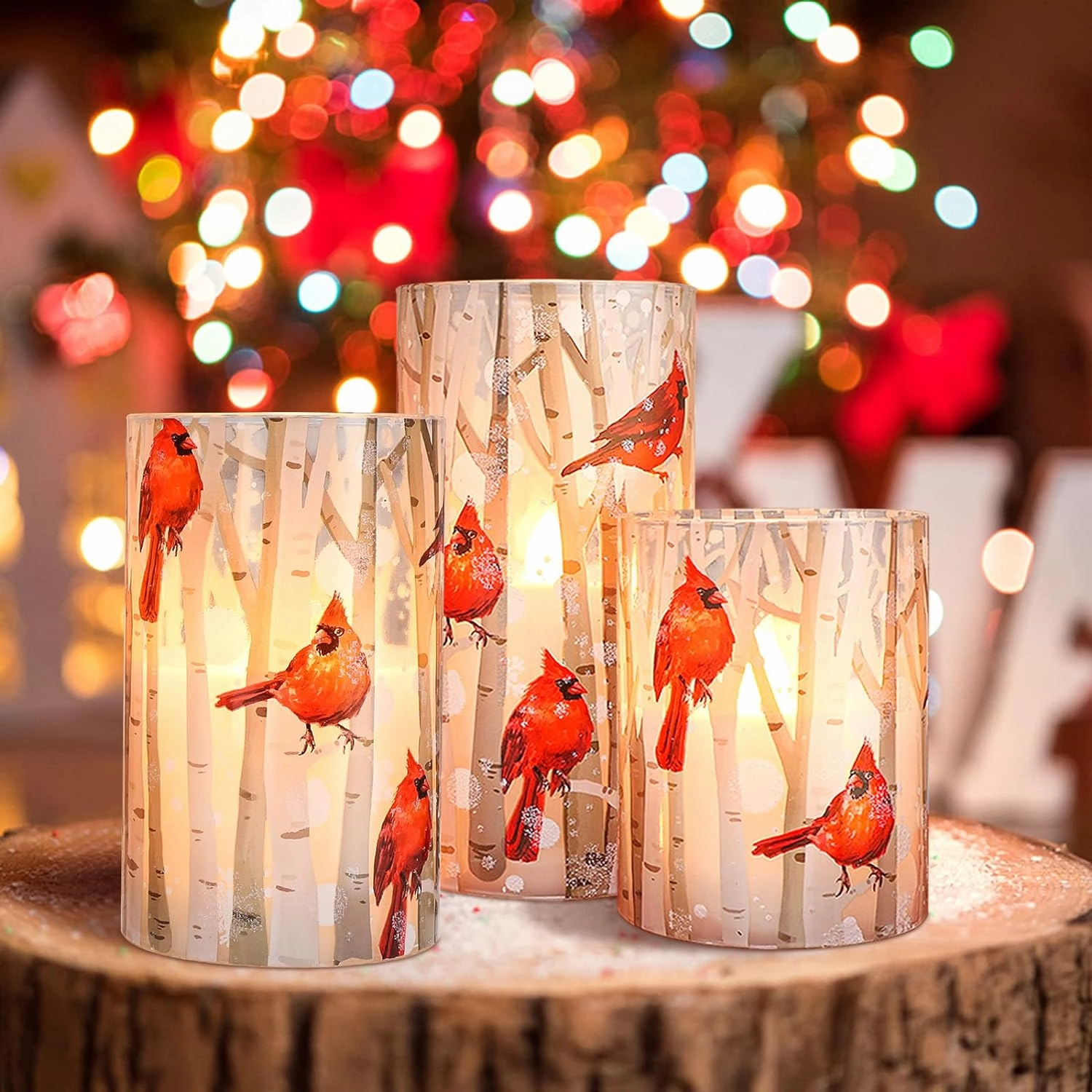 Flameless Candles, Cardinal Theme, (Set of 3) Battery Operated LED Candles with Remote, Real Wax & Glass Effect Candle with Timer for Christmas Home Festival Décor
