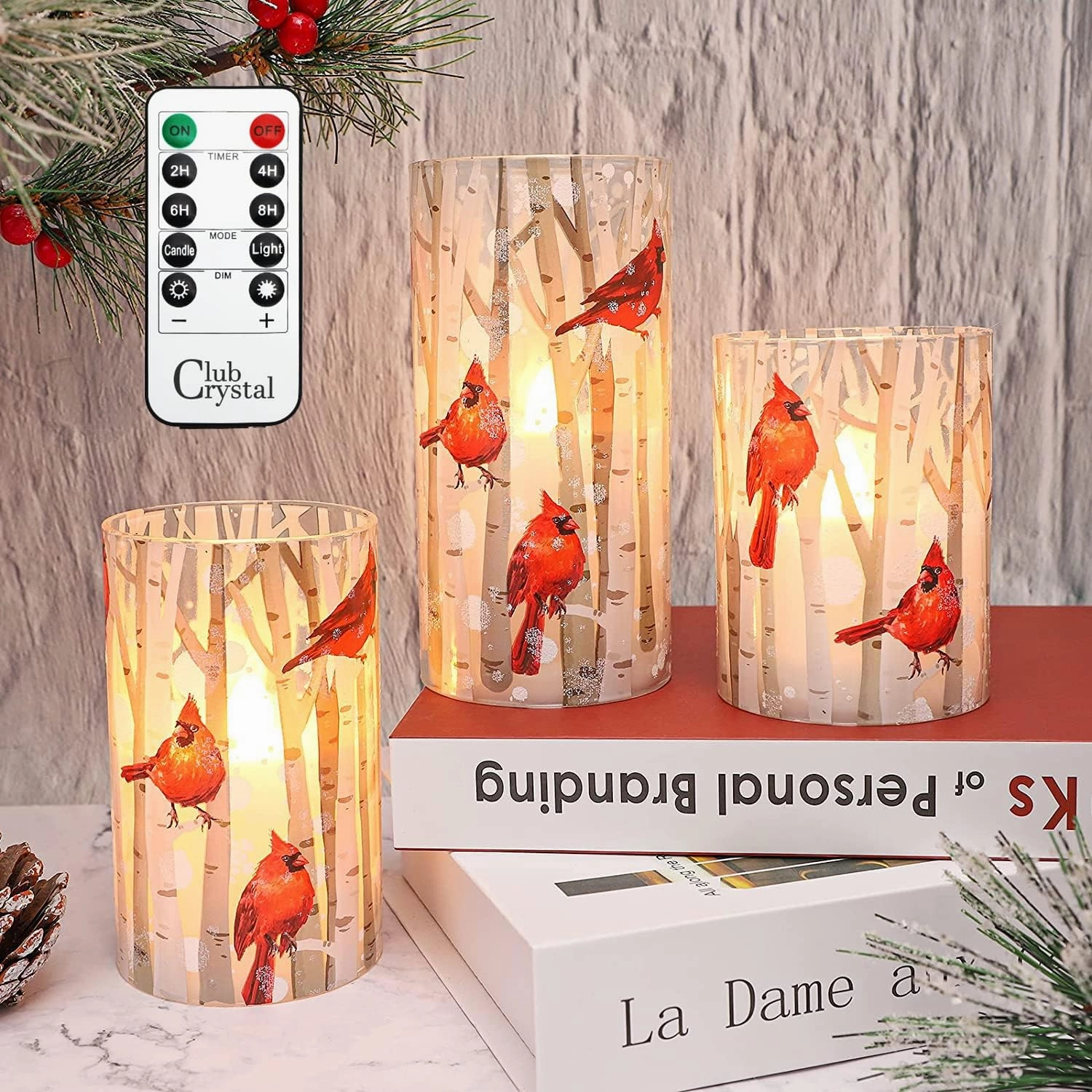 Flameless Candles, Cardinal Theme, (Set of 3) Battery Operated LED Candles with Remote, Real Wax & Glass Effect Candle with Timer for Christmas Home Festival Décor