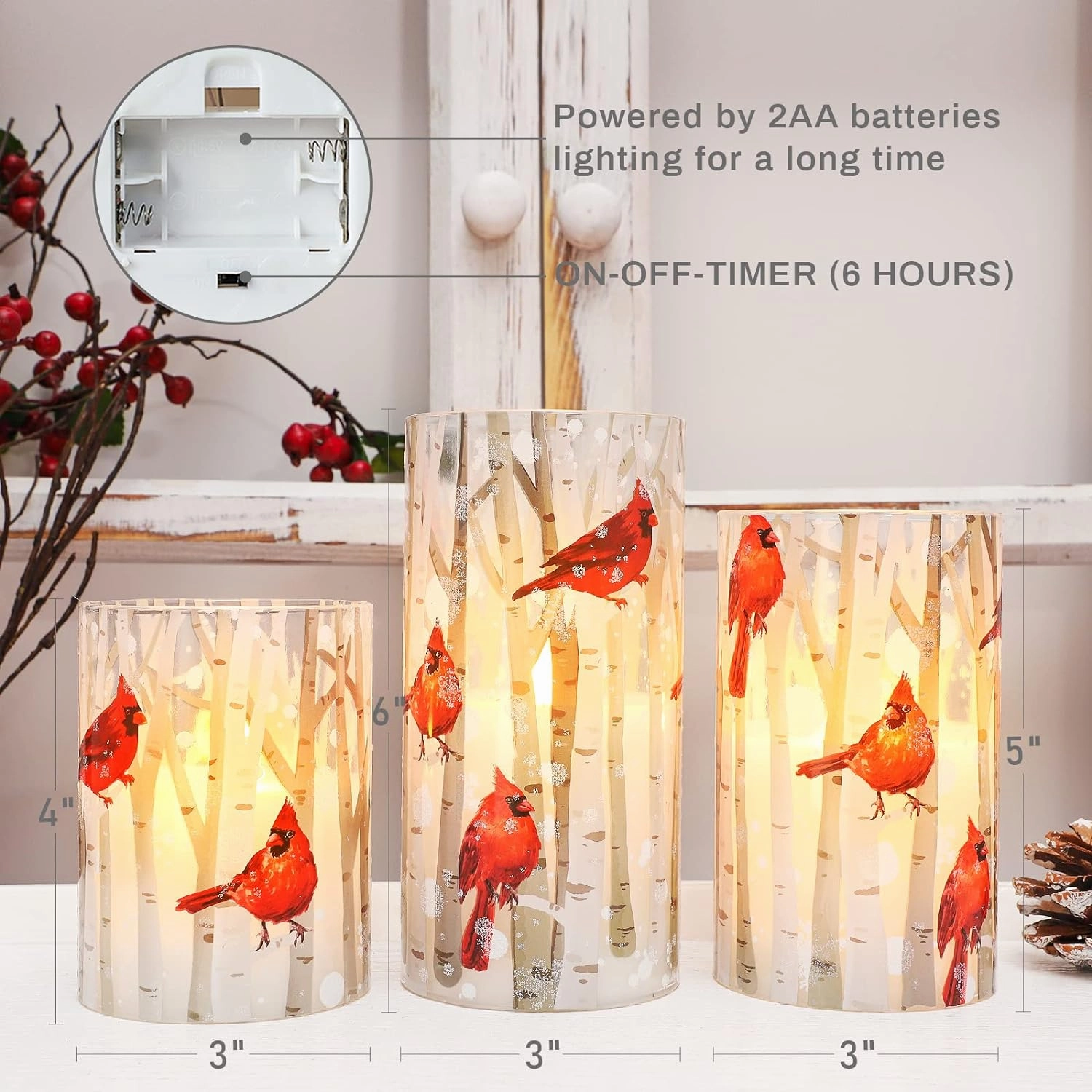 Flameless Candles, Cardinal Theme, (Set of 3) Battery Operated LED Candles with Remote, Real Wax & Glass Effect Candle with Timer for Christmas Home Festival Décor