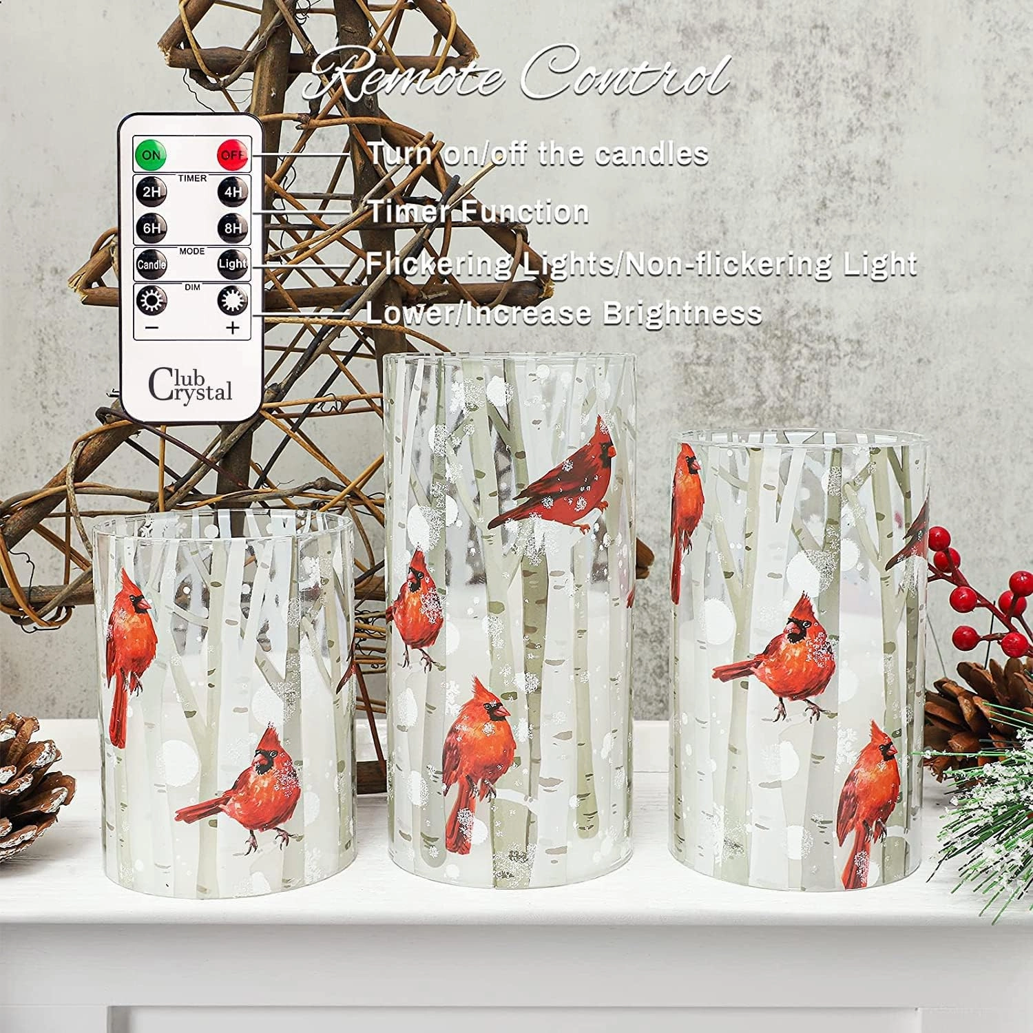 Flameless Candles, Cardinal Theme, (Set of 3) Battery Operated LED Candles with Remote, Real Wax & Glass Effect Candle with Timer for Christmas Home Festival Décor