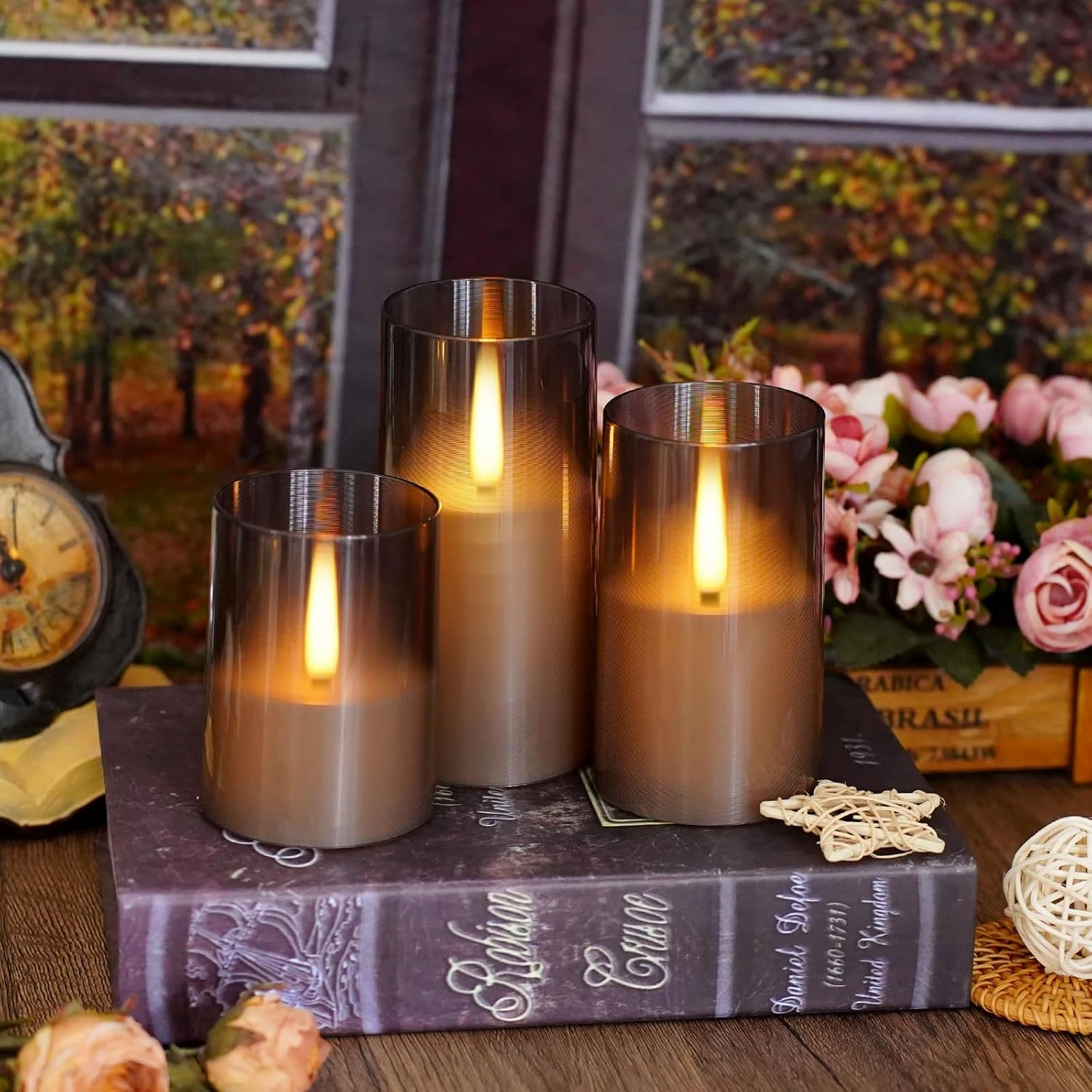 flameless LED Candles Battery Operated with Remote Control 3 Set Home Decoration (Realistic Grey)