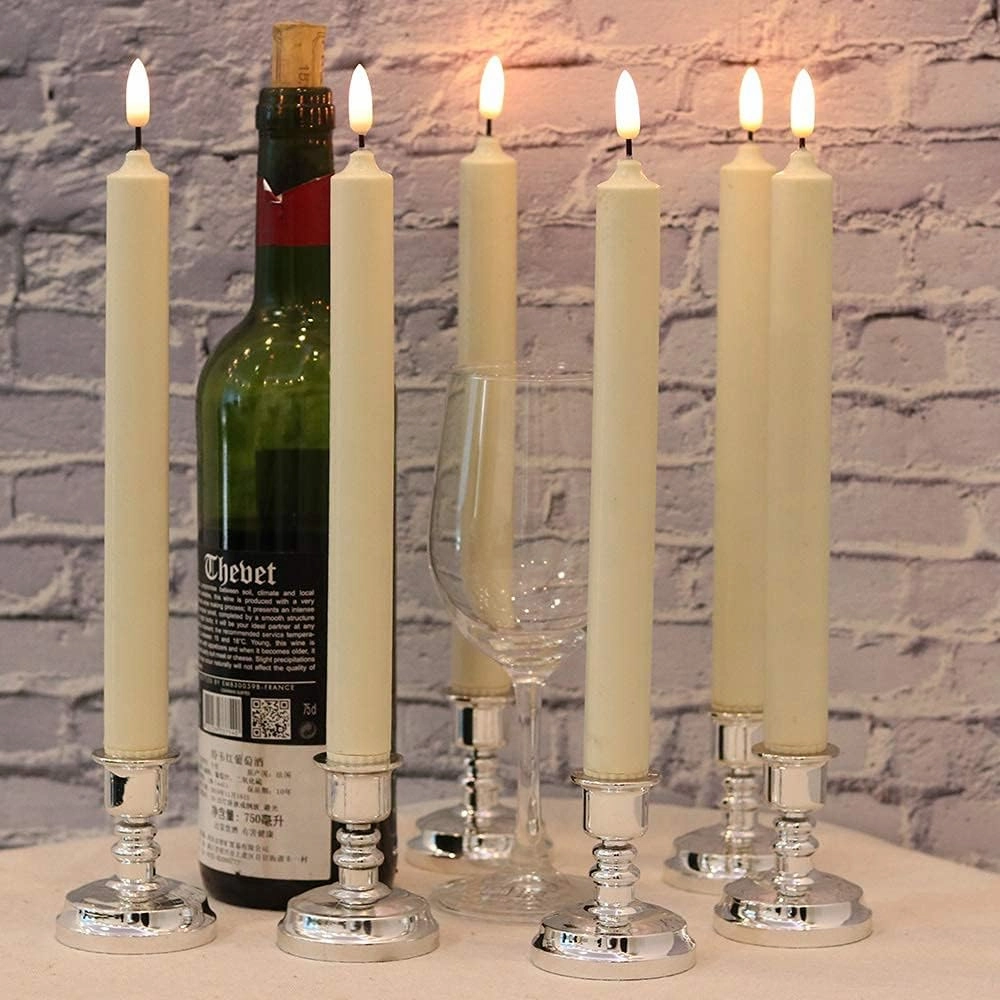 Flameless Window Candles with Remote & Timer, 10" Battery Operated 3D Wick LED Flickering Taper Candle for Christmas Decorations, Removable Silver Holder and Suction Cups Included(6 Pack)