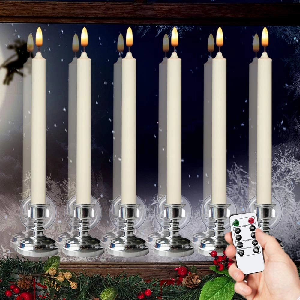 Flameless Window Candles with Remote & Timer, 10" Battery Operated 3D Wick LED Flickering Taper Candle for Christmas Decorations, Removable Silver Holder and Suction Cups Included(6 Pack)