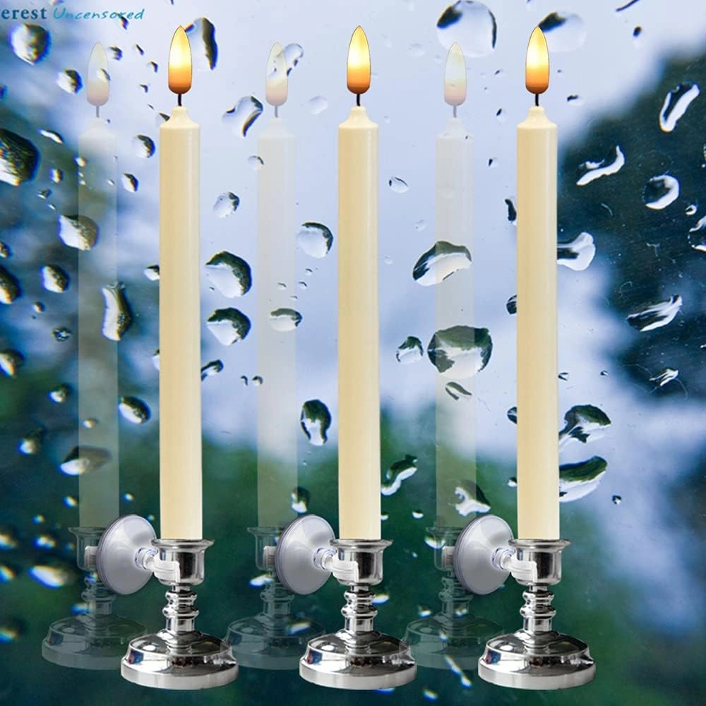 Flameless Window Candles with Remote & Timer, 10" Battery Operated 3D Wick LED Flickering Taper Candle for Christmas Decorations, Removable Silver Holder and Suction Cups Included(6 Pack)