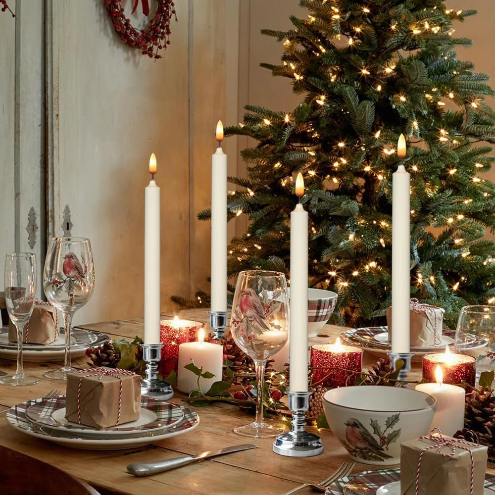 Flameless Window Candles with Remote & Timer, 10" Battery Operated 3D Wick LED Flickering Taper Candle for Christmas Decorations, Removable Silver Holder and Suction Cups Included(6 Pack)
