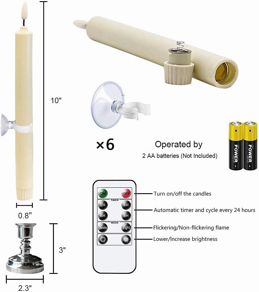 Flameless Window Candles with Remote & Timer, 10" Battery Operated 3D Wick LED Flickering Taper Candle for Christmas Decorations, Removable Silver Holder and Suction Cups Included(6 Pack)