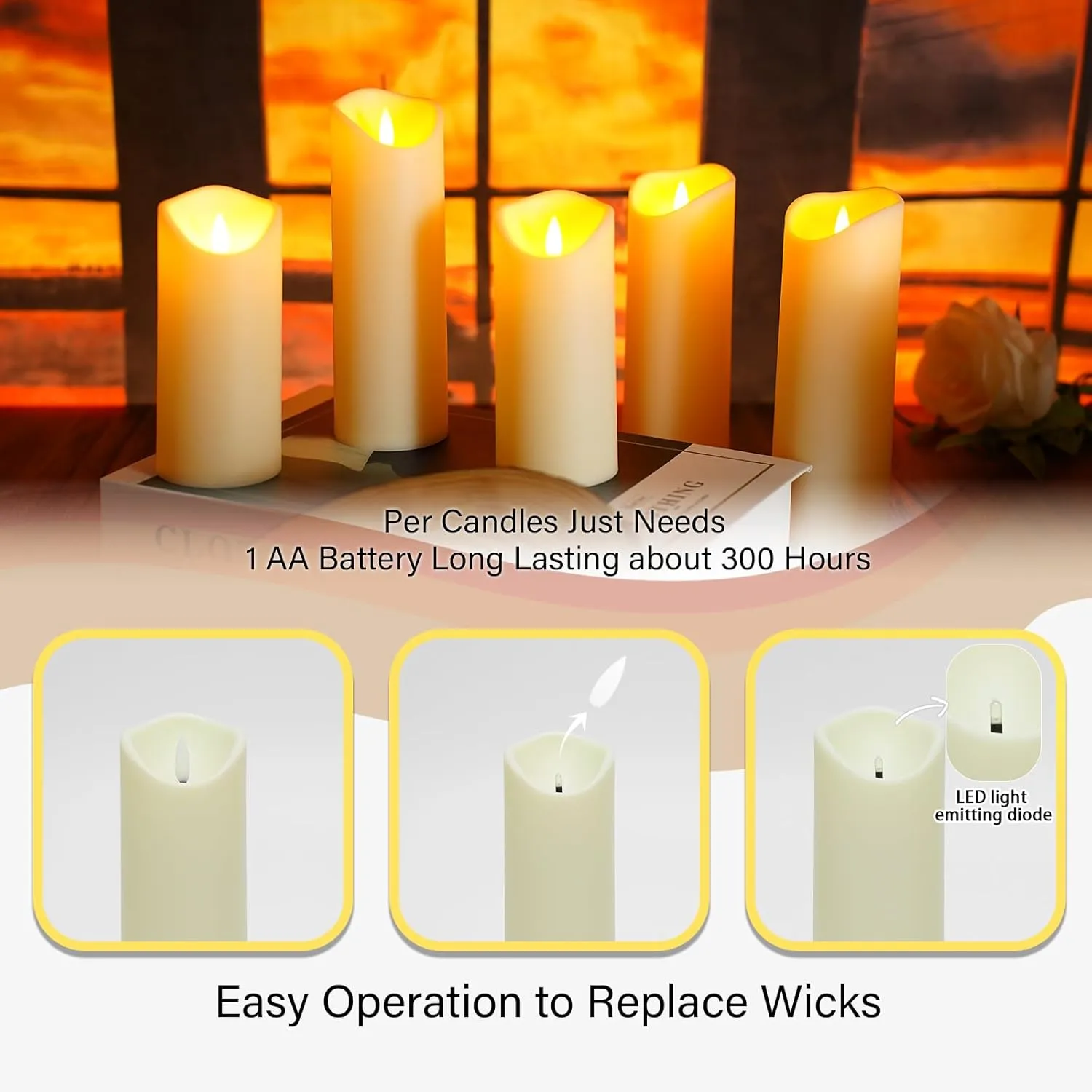 Flickering Flameless Candles, Battery Operated Acrylic LED Pillar Candles with Remote Control and Timer,Set of 9 (Ivory)