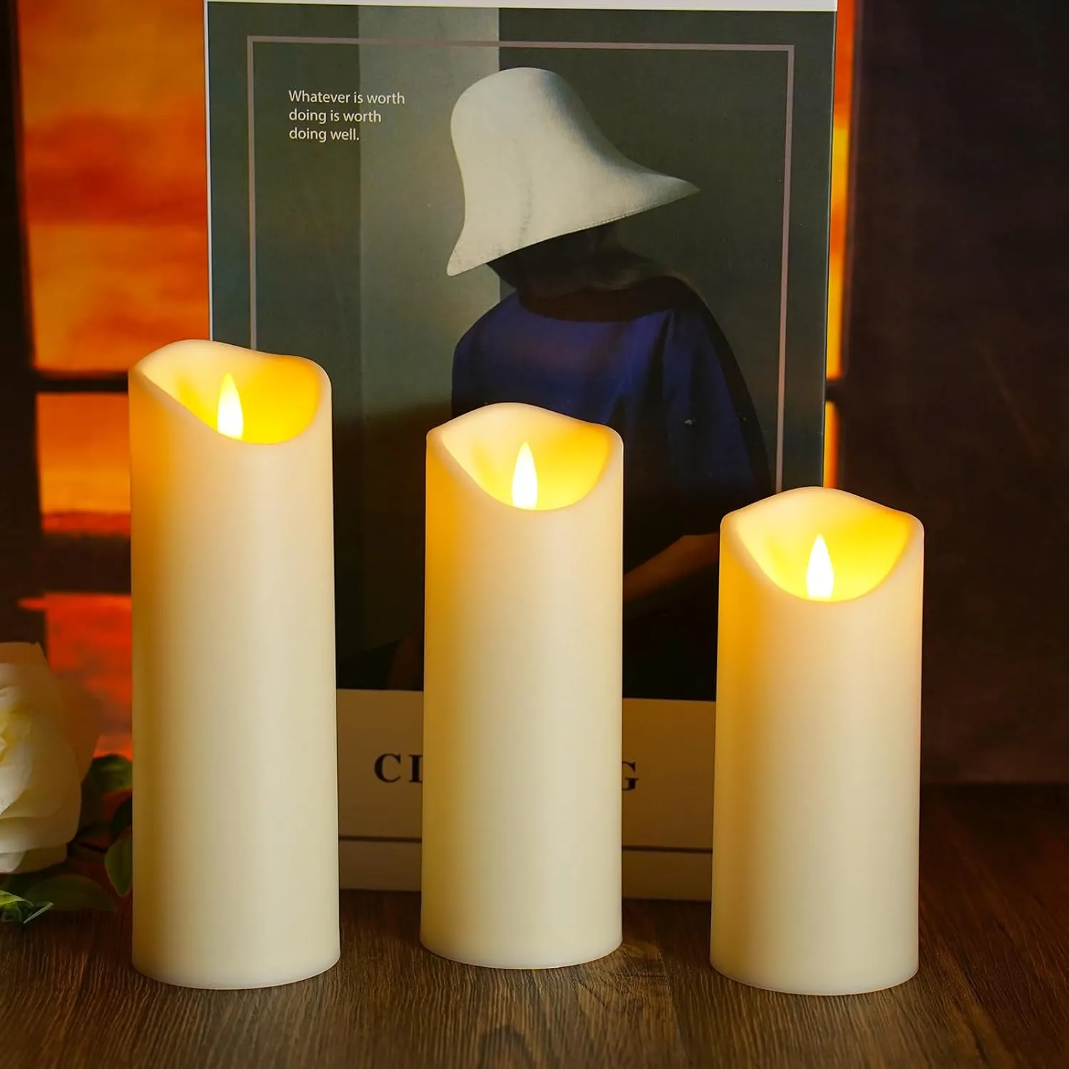 Flickering Flameless Candles, Battery Operated Acrylic LED Pillar Candles with Remote Control and Timer,Set of 9 (Ivory)