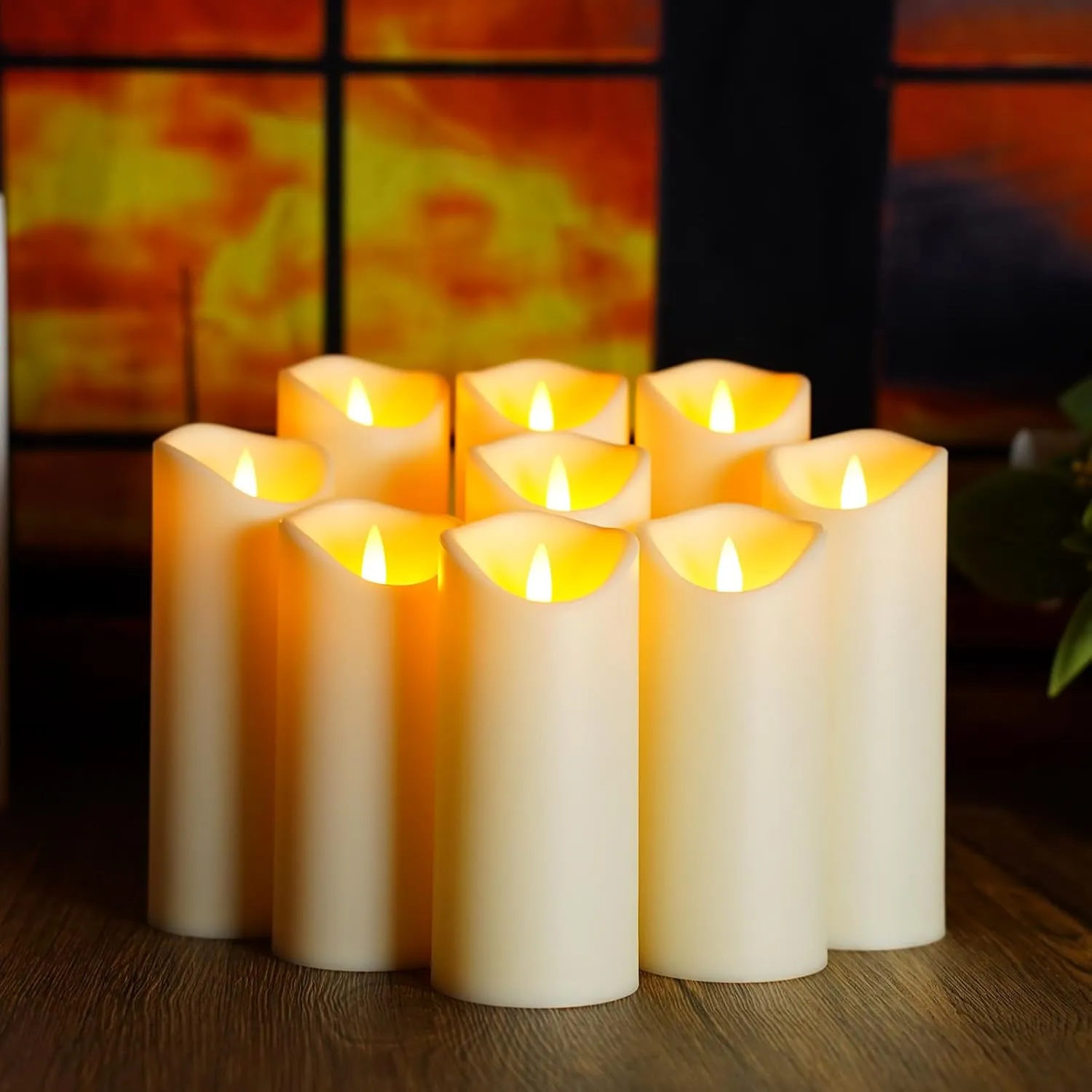 Flickering Flameless Candles, Battery Operated Acrylic LED Pillar Candles with Remote Control and Timer,Set of 9 (Ivory)