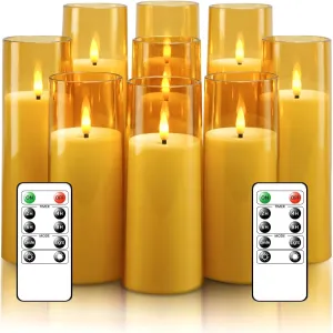 Flickering Flameless Candles Battery Operated with Remote and 2/4/6/8 H Timer Plexiglass Led Pillar Candles Pack of 9 (D2.3 xH 5" 6" 7") with Realistic Moving Wick Candles for Home Decor(Gold)