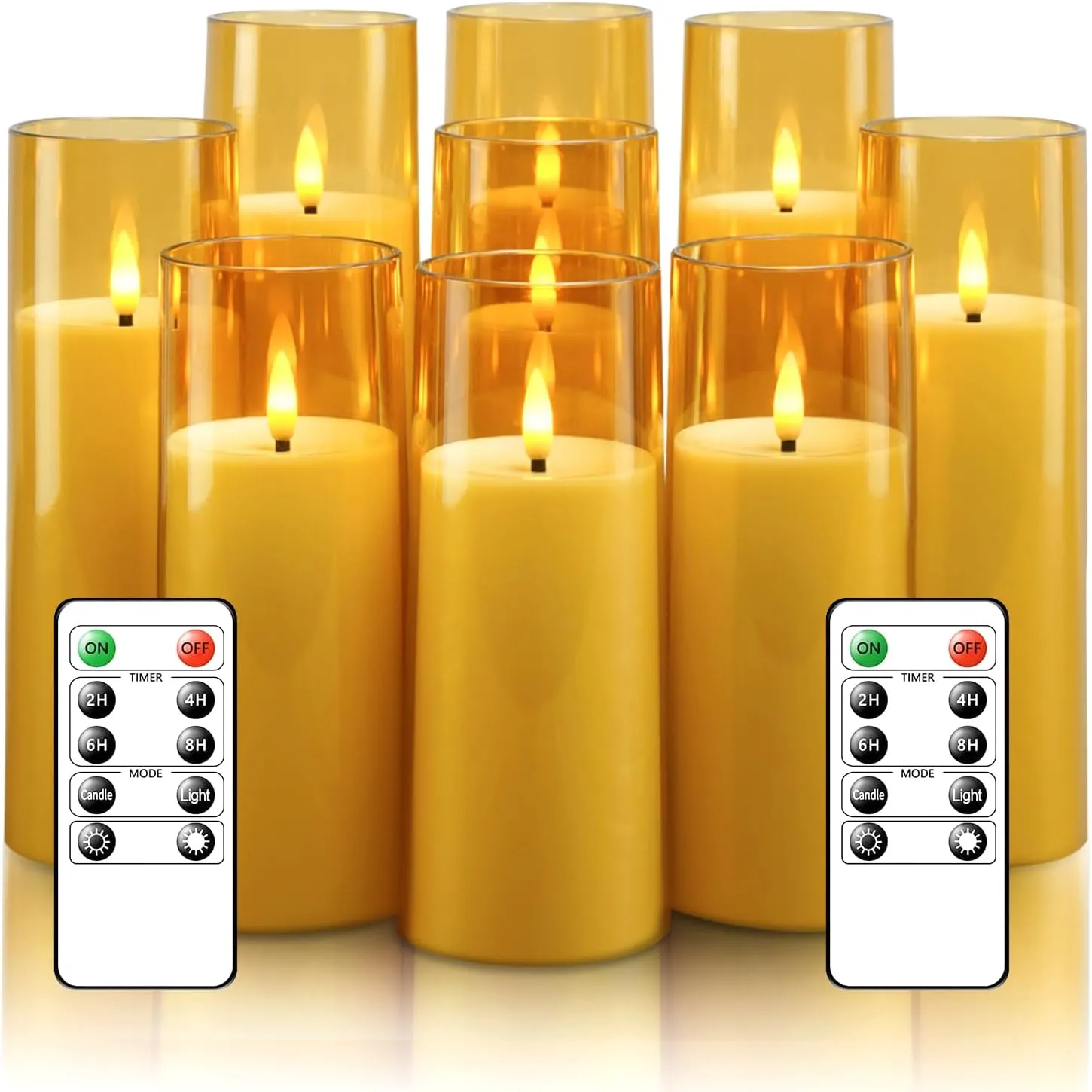 Flickering Flameless Candles Battery Operated with Remote and 2/4/6/8 H Timer Plexiglass Led Pillar Candles Pack of 9 (D2.3 xH 5" 6" 7") with Realistic Moving Wick Candles for Home Decor(Gold)