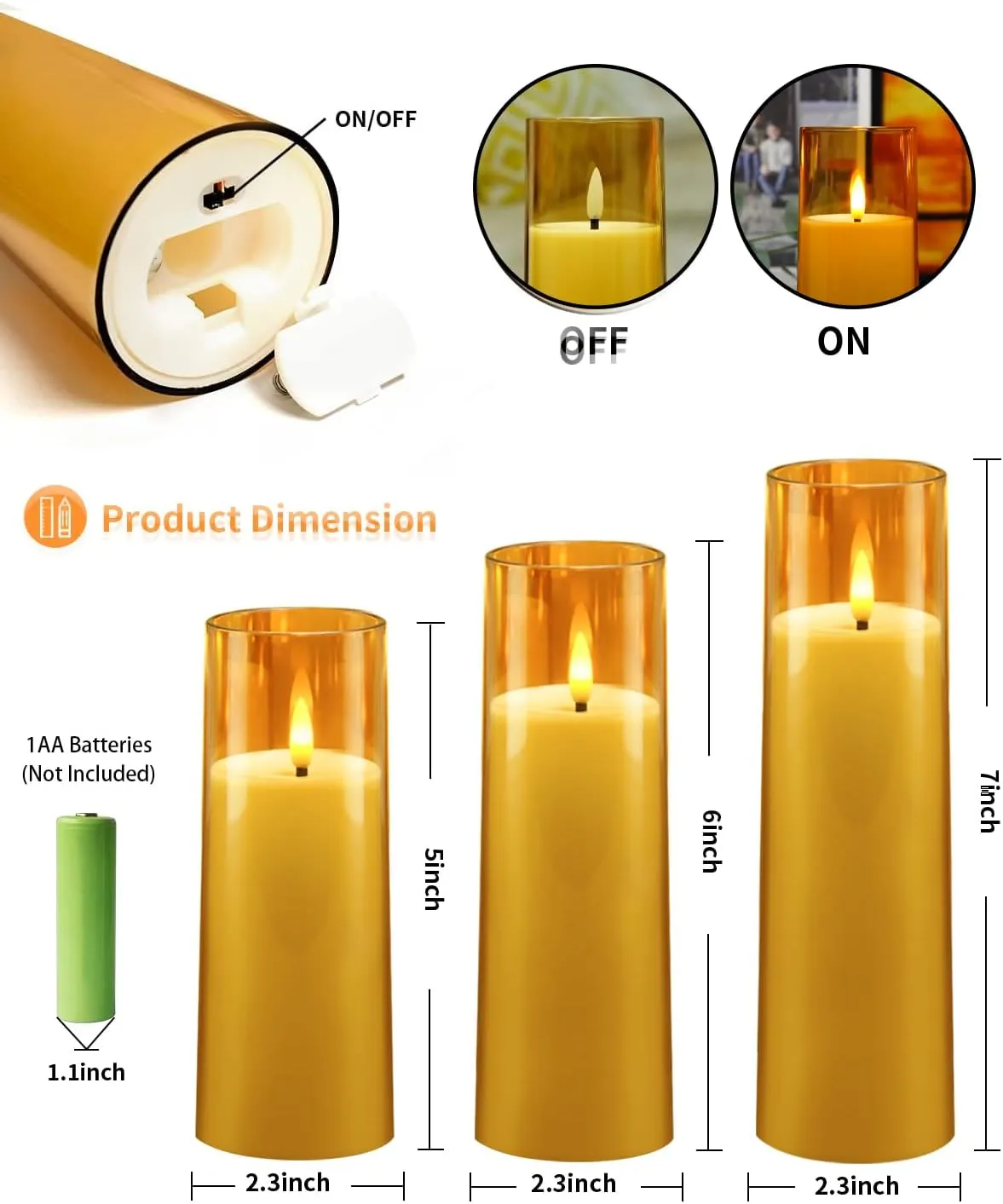 Flickering Flameless Candles Battery Operated with Remote and 2/4/6/8 H Timer Plexiglass Led Pillar Candles Pack of 9 (D2.3 xH 5" 6" 7") with Realistic Moving Wick Candles for Home Decor(Gold)