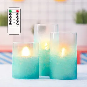 Flickering Flameless Candles with Timer, Real Wax Glass Effect Sandblast Candles, Battery Operated Ocean Theme LED Candles with Remote for Bathroom, Bedroom, Table Decoration