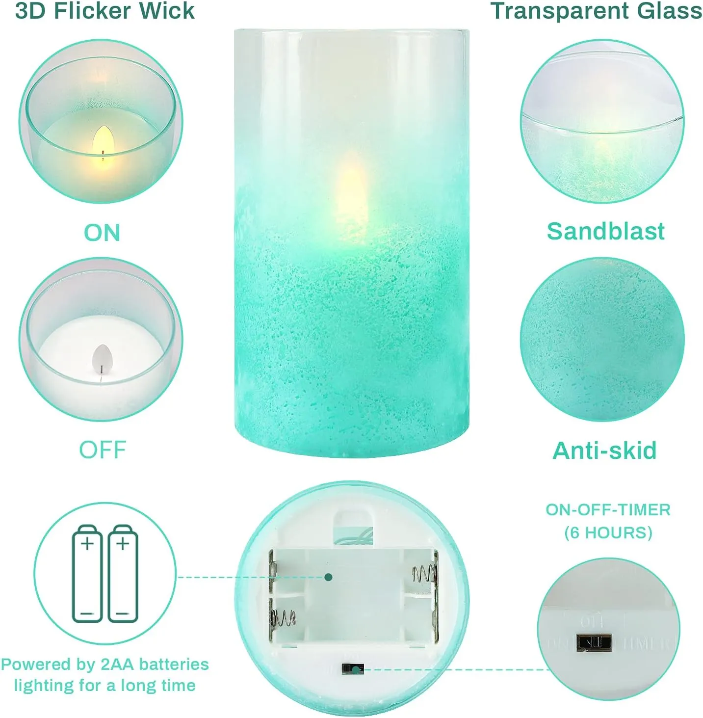 Flickering Flameless Candles with Timer, Real Wax Glass Effect Sandblast Candles, Battery Operated Ocean Theme LED Candles with Remote for Bathroom, Bedroom, Table Decoration