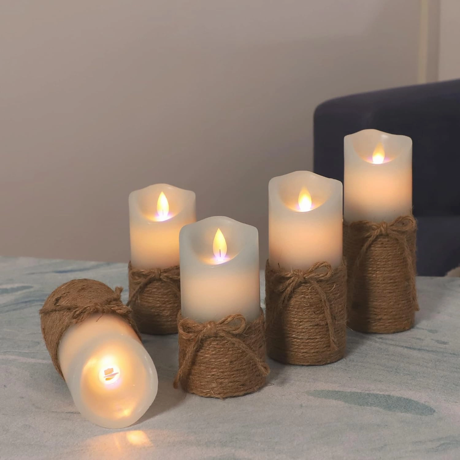 Flickering Flameless Candles, Battery Candles with Remote & Timer, Blue Led Pillar Candles for Ocean Decor, Beach Decorations, Party - Set of 5