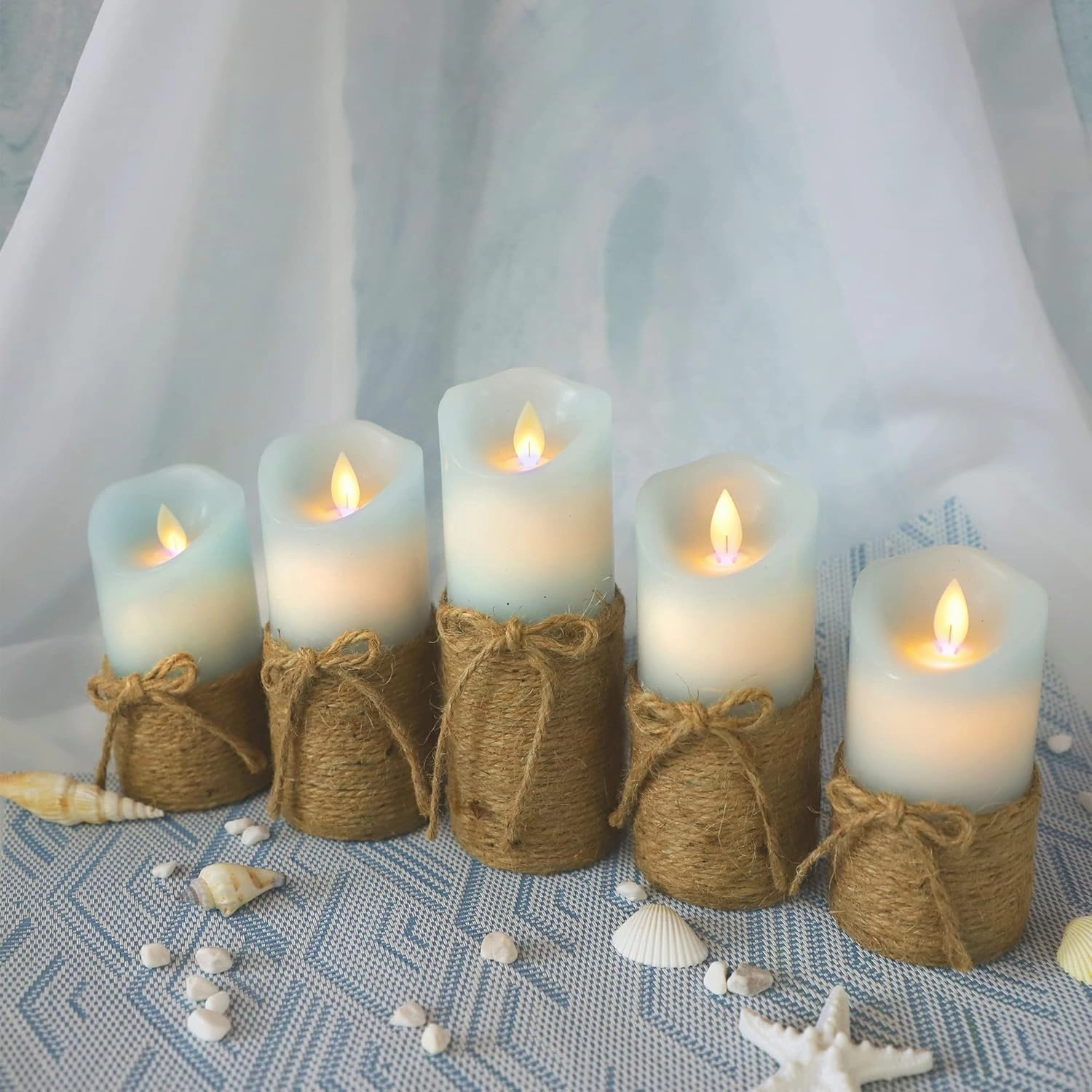 Flickering Flameless Candles, Battery Candles with Remote & Timer, Blue Led Pillar Candles for Ocean Decor, Beach Decorations, Party - Set of 5