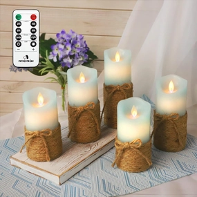 Flickering Flameless Candles, Battery Candles with Remote & Timer, Blue Led Pillar Candles for Ocean Decor, Beach Decorations, Party - Set of 5