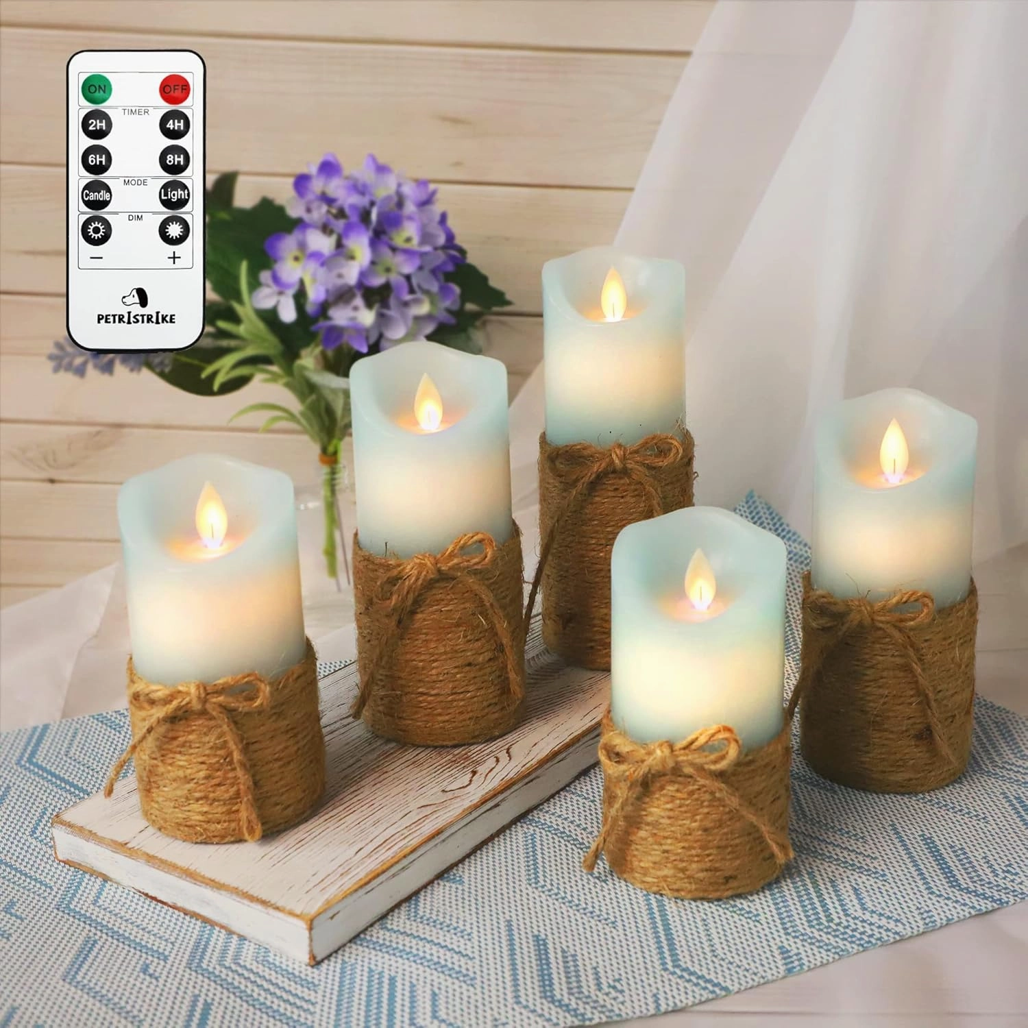 Flickering Flameless Candles, Battery Candles with Remote & Timer, Blue Led Pillar Candles for Ocean Decor, Beach Decorations, Party - Set of 5