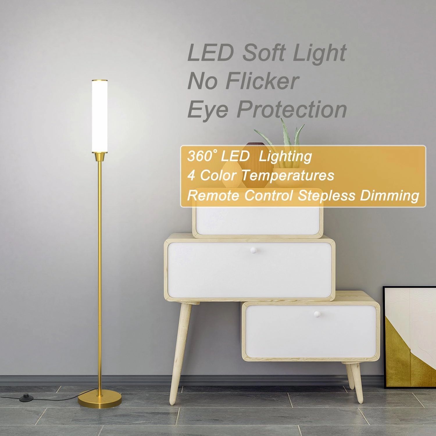 Floor Lamp with Remote Control,Bright Floor Lamps for Living Room/Bedroom/Office, Stepless Adjustable 3000K-6000K Colors and 10-100% Brightness,Standing Light with Foot Switch (Brass Gold)