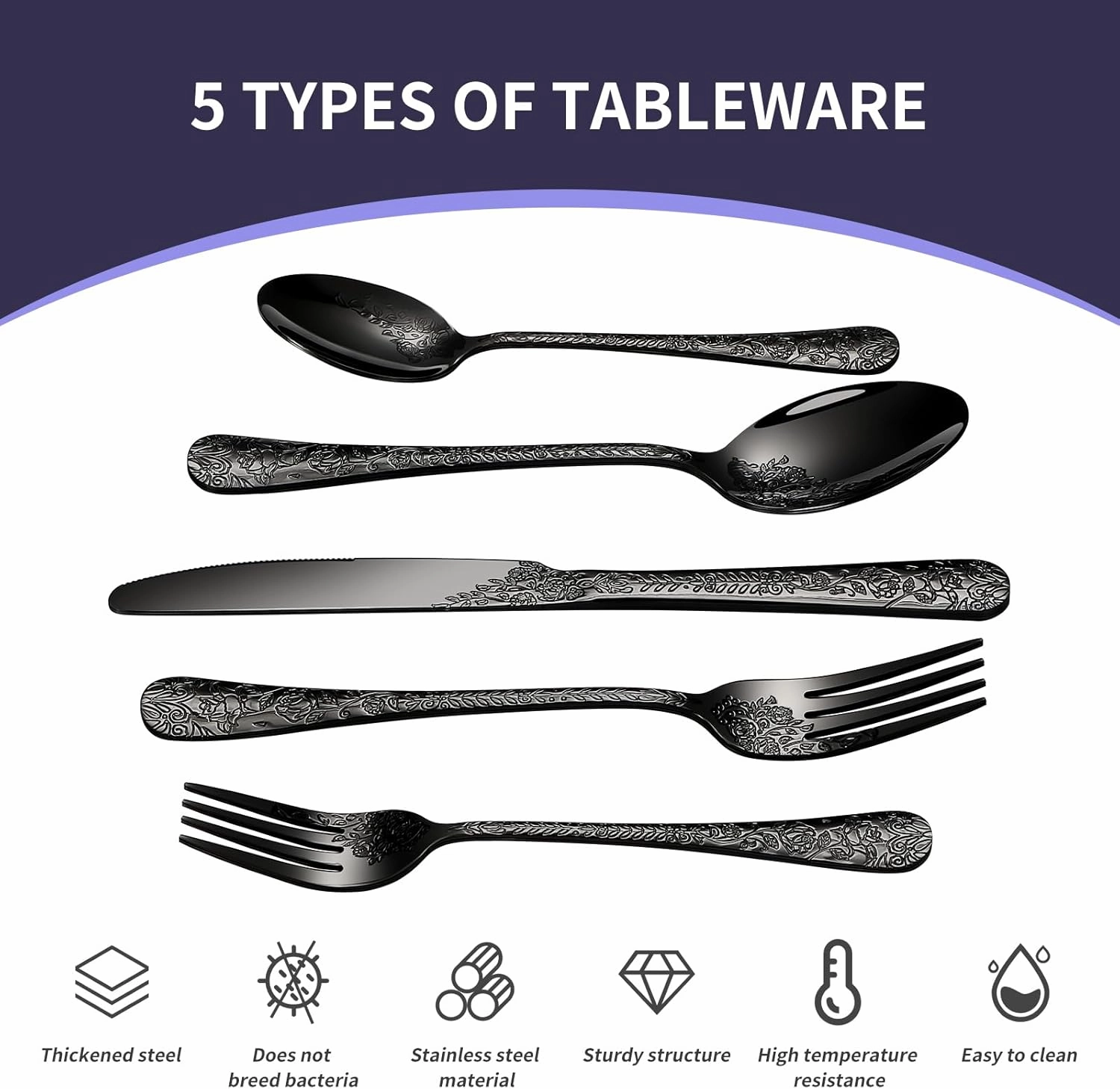 Floral 20 Pcs Black Silverware Set for 4, Food Grade Stainless Steel Flatware Set with Rose Flower Embossed Design, Eating Utensils Sets Include Fork/Knife/Spoon, Reusable Cutlery Set, Dishwasher Safe