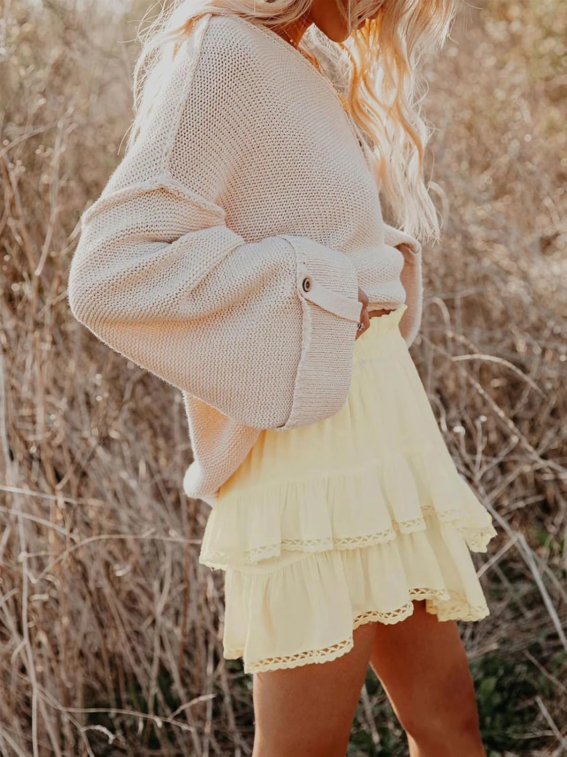 Flowy Shorts for Women Casual Boho Ruffle Tiered Skorts High Waist Mini Skirts Golf Tennis Crochet Shorts