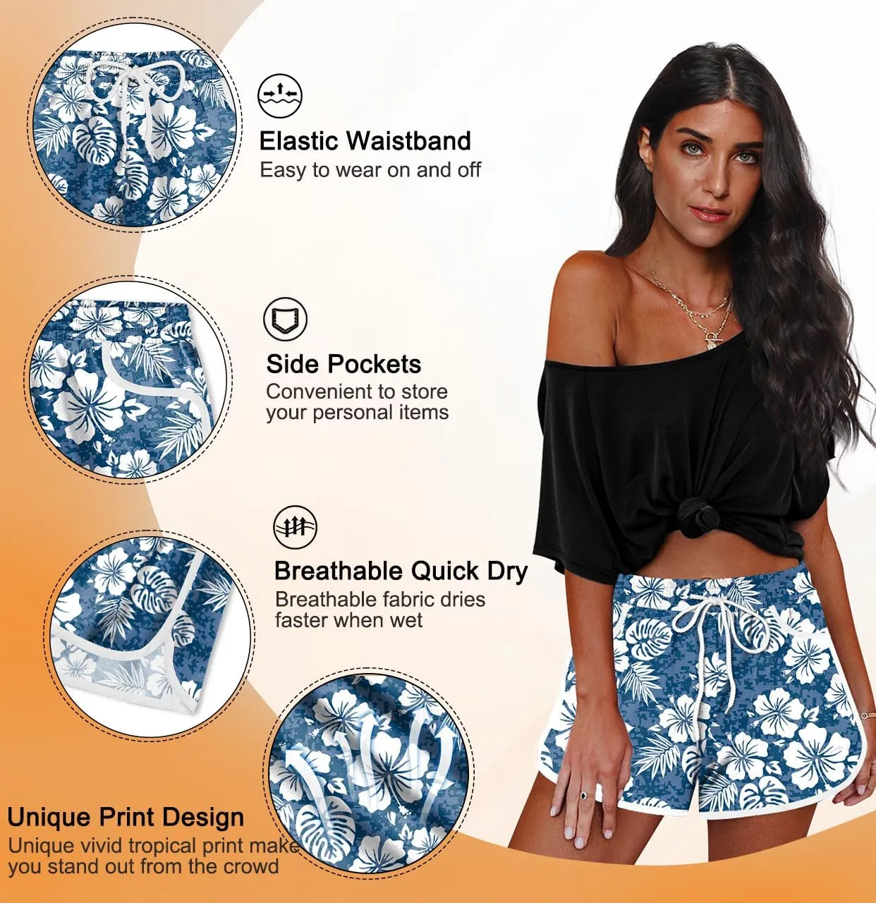 For G and PL Women Summer Floral Beach Boardshorts with Pockets Swim Trunks