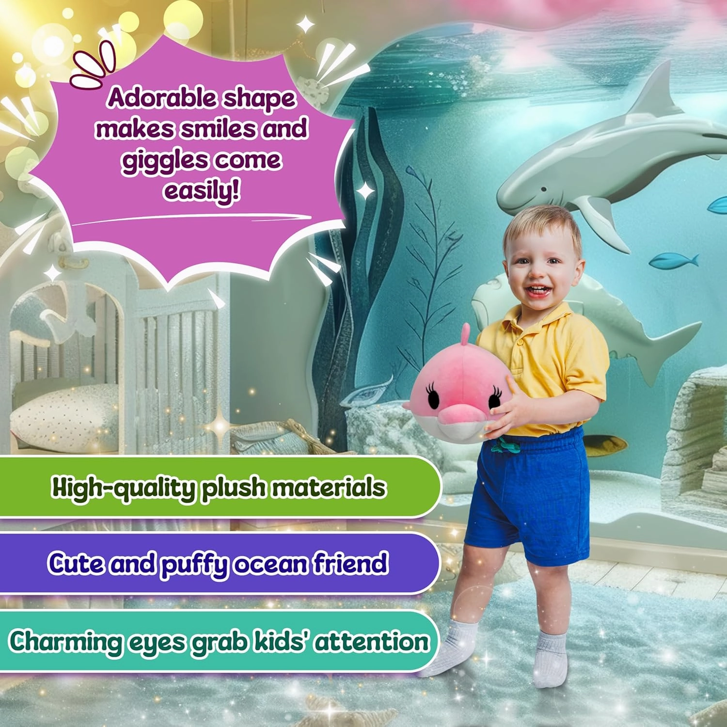 Forest & Twelfth 8” Ocean Animal Puffer, Soft & Puffy Mini Pink Dolphin Stuffed Toy, Soft Plush Squishy Marine Animal Toys, Ultra Soft Stuffing, Great Gift Ideas for Kids (Pink Dolphin)