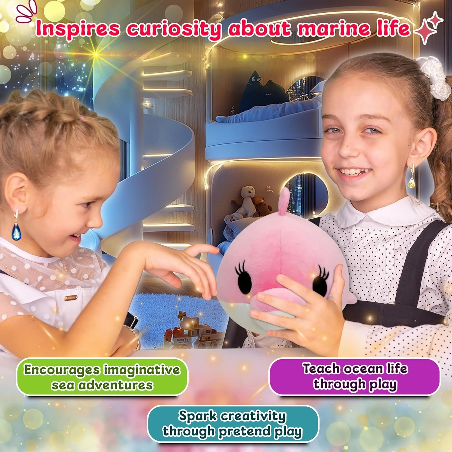 Forest & Twelfth 8” Ocean Animal Puffer, Soft & Puffy Mini Pink Dolphin Stuffed Toy, Soft Plush Squishy Marine Animal Toys, Ultra Soft Stuffing, Great Gift Ideas for Kids (Pink Dolphin)
