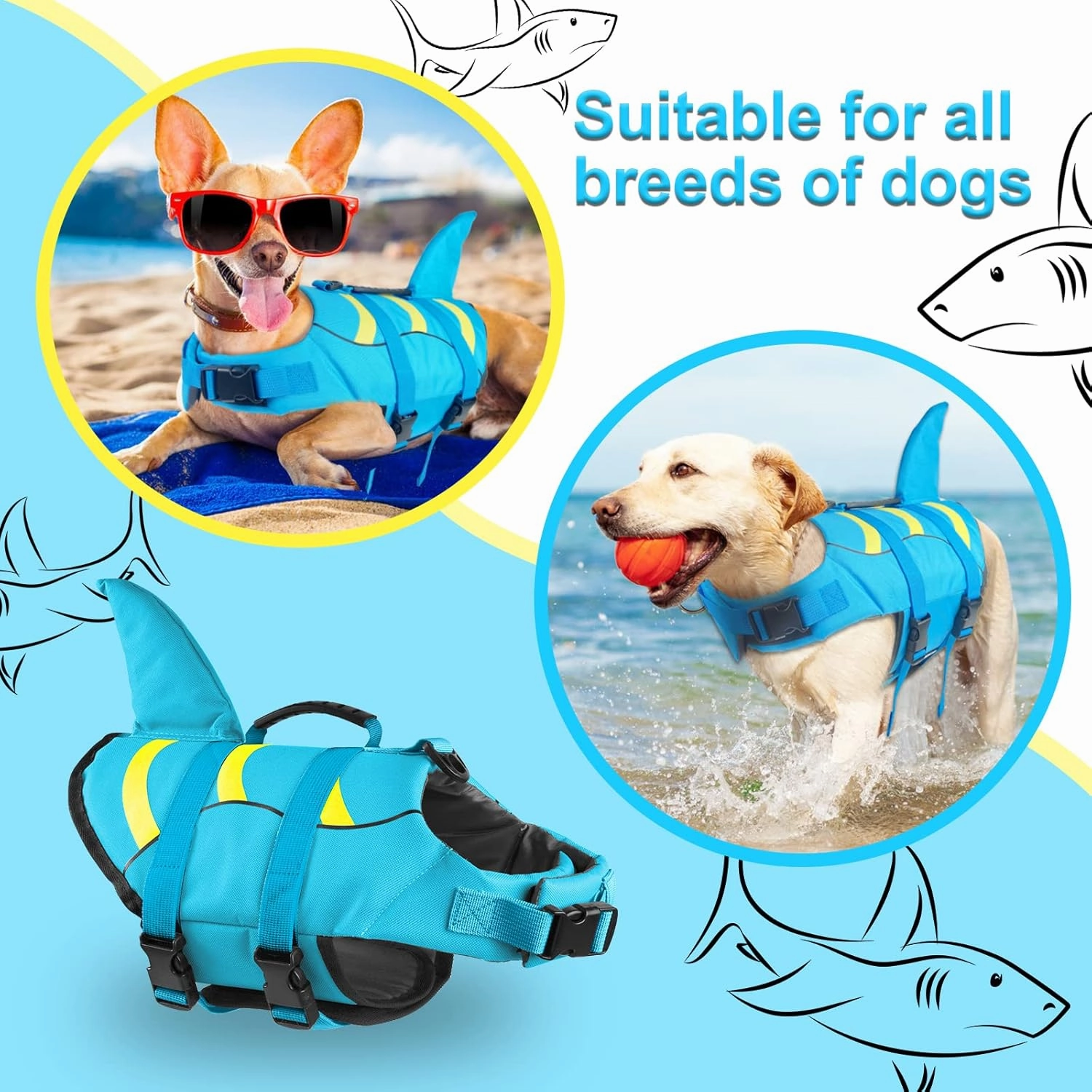 Fragralley Shark Dog Life Jacket, Adjustable Dog Life Vest with Shark Fin, Suit for Small Medium Large Dog Life Vest for Swimming and Boating