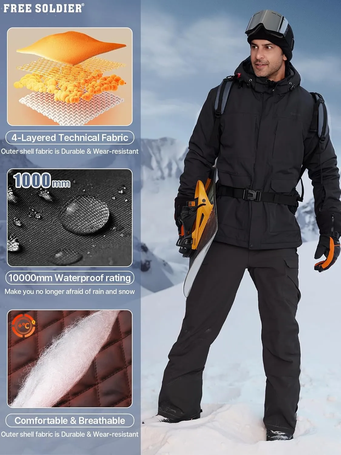FREE SOLDIER Men's Waterproof Snow Insulated Pants Winter Skiing Snowboarding Pants with Zipper Pockets