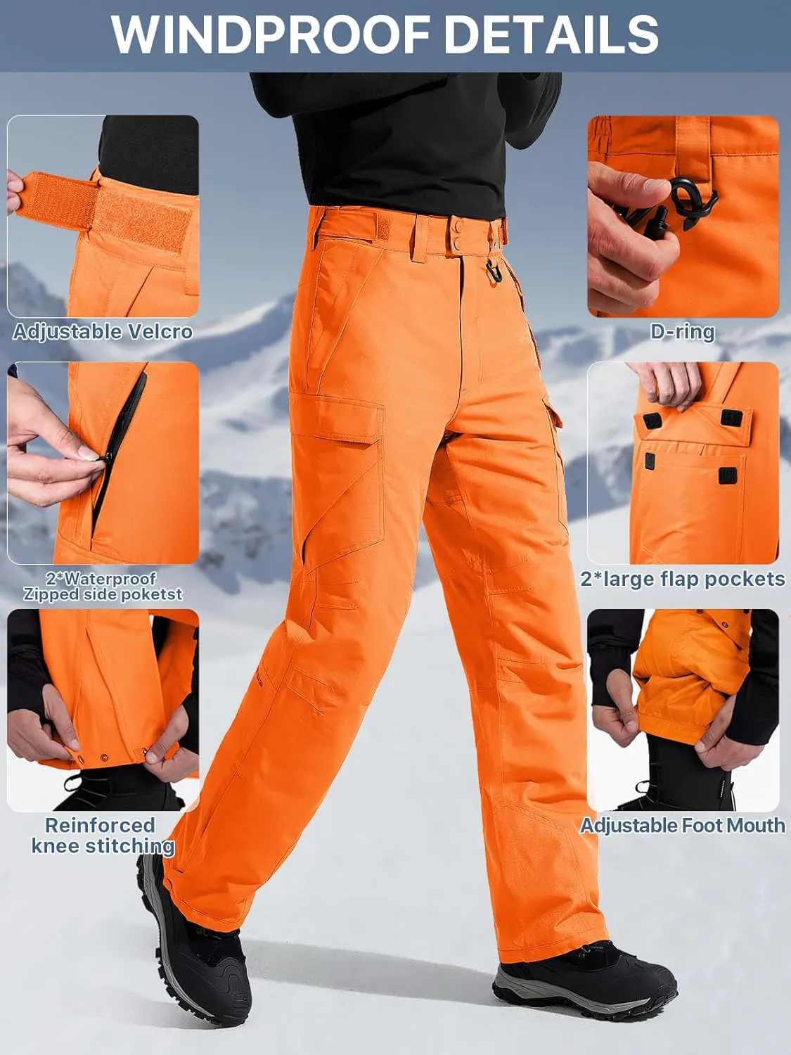 FREE SOLDIER Men's Waterproof Snow Insulated Pants Winter Skiing Snowboarding Pants with Zipper Pockets