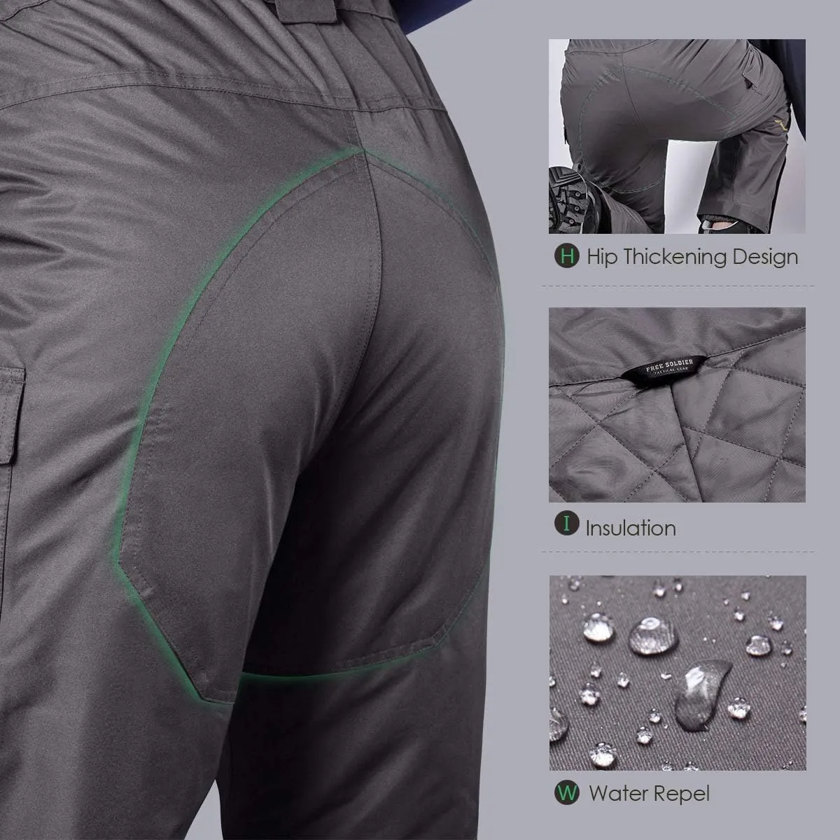 FREE SOLDIER Men's Waterproof Snow Insulated Pants Winter Skiing Snowboarding Pants with Zipper Pockets