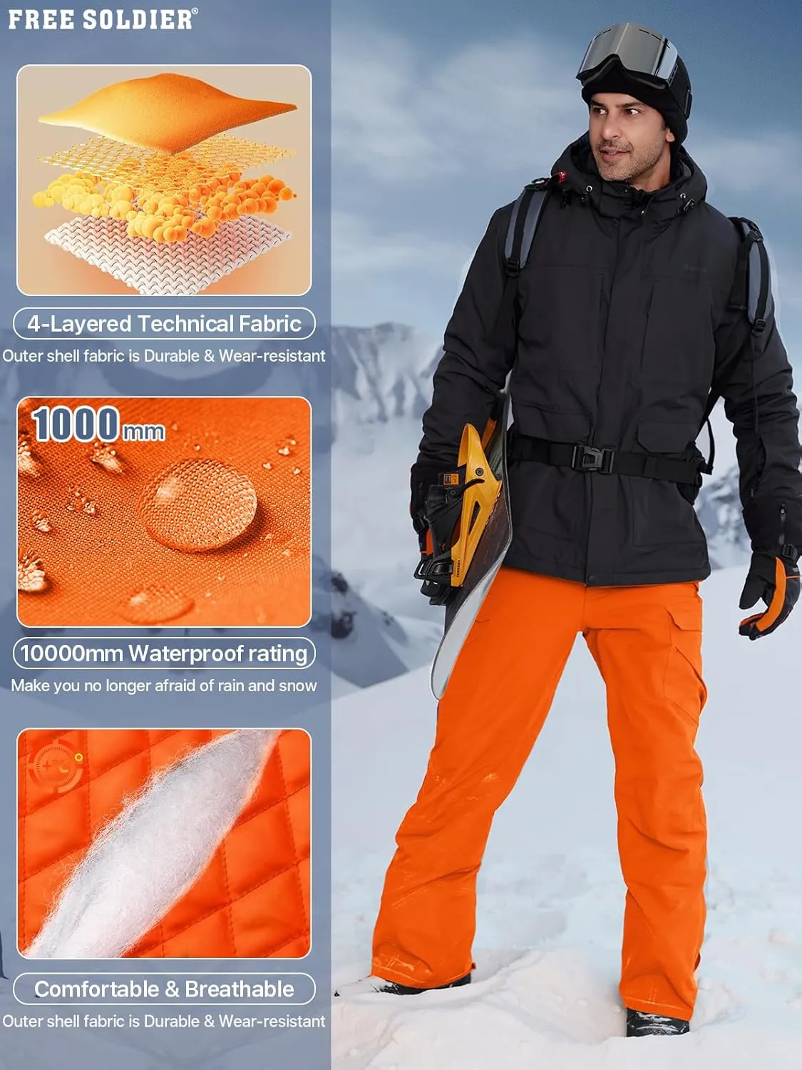 FREE SOLDIER Men's Waterproof Snow Insulated Pants Winter Skiing Snowboarding Pants with Zipper Pockets