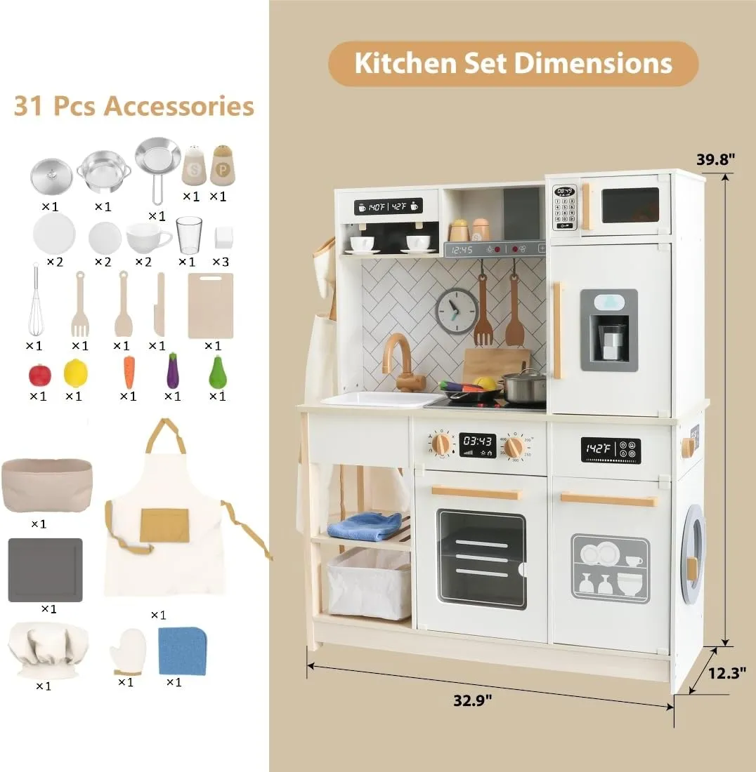 Freniland Wooden Play Kitchen Kids Kitchen Playset with Real Light & Sound Realistic Ice Maker Stove Oven Chef Pretend Toy Kitchen Include 31 Accessories Kids Toy Gift for Child Ages 3  Toy Furniture