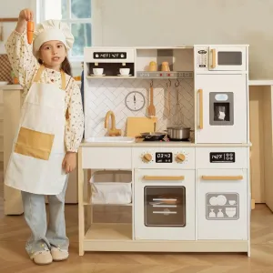 Freniland Wooden Play Kitchen Kids Kitchen Playset with Real Light & Sound Realistic Ice Maker Stove Oven Chef Pretend Toy Kitchen Include 31 Accessories Kids Toy Gift for Child Ages 3  Toy Furniture