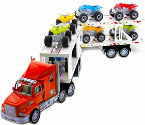 Friction Powered Cars Pretend Play, Friction Driven ATV or Monster Truck Vehicles with Trailer Carrier Truck Toys for Kids, Great Gift for Kids
