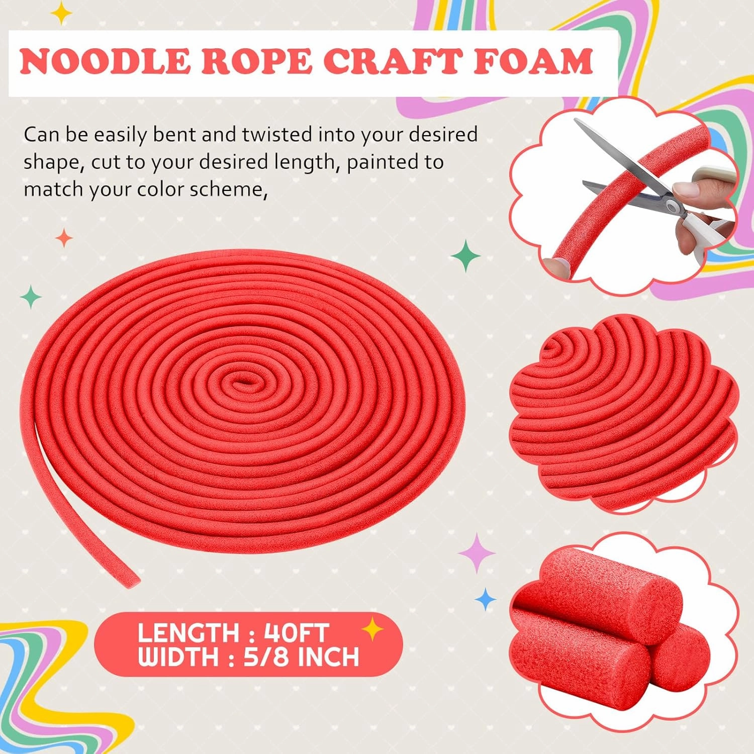Frienda Foam Noodle Rope 40 ft 5/8 Inch Pool Noodles Tube Craft Versatile Foam Rod Rope Cylinder for Modeling, DIY Arts and Crafts Supplies(Red)