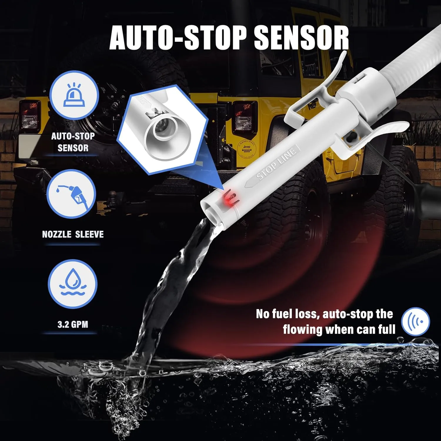 Fuel Transfer Pump with Auto-Stop Sensor, 51“ Hose with Tank Adapter Portable Liquid Pump for Gasoline, Diesel Fuel, No More Lifting Heavy Gas Cans