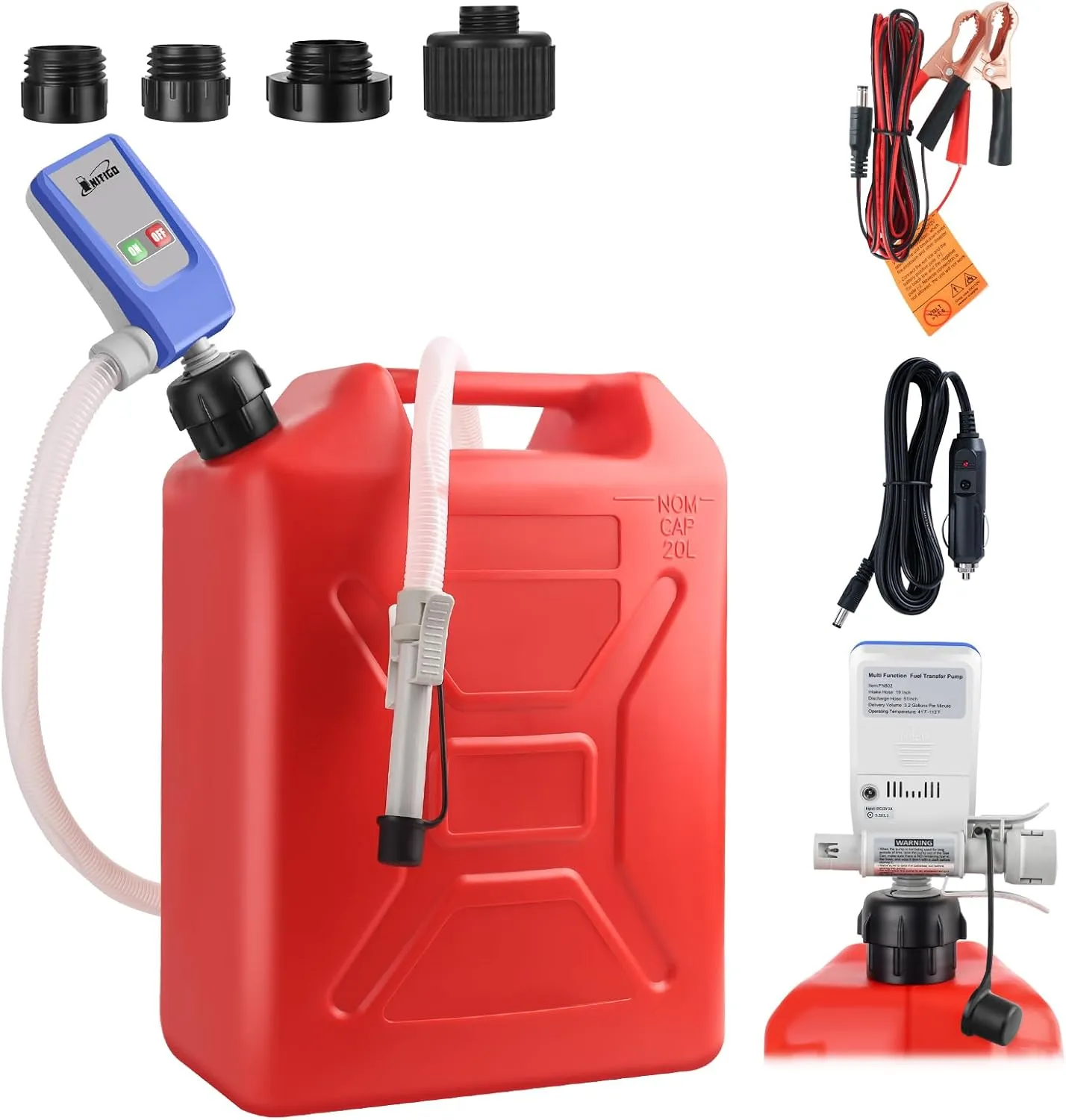 Fuel Transfer Pump with Auto-Stop Sensor, 51“ Hose with Tank Adapter Portable Liquid Pump for Gasoline, Diesel Fuel, No More Lifting Heavy Gas Cans