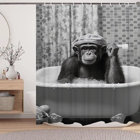 Funny Monkey Shower Curtain, Black and White Fun Chimpanzee Animal Bathroom Curtains, 72x72 Humorous Shower Curtain Set, Gray Wildlife Boys Men Modern Cool Bathroom Curtain