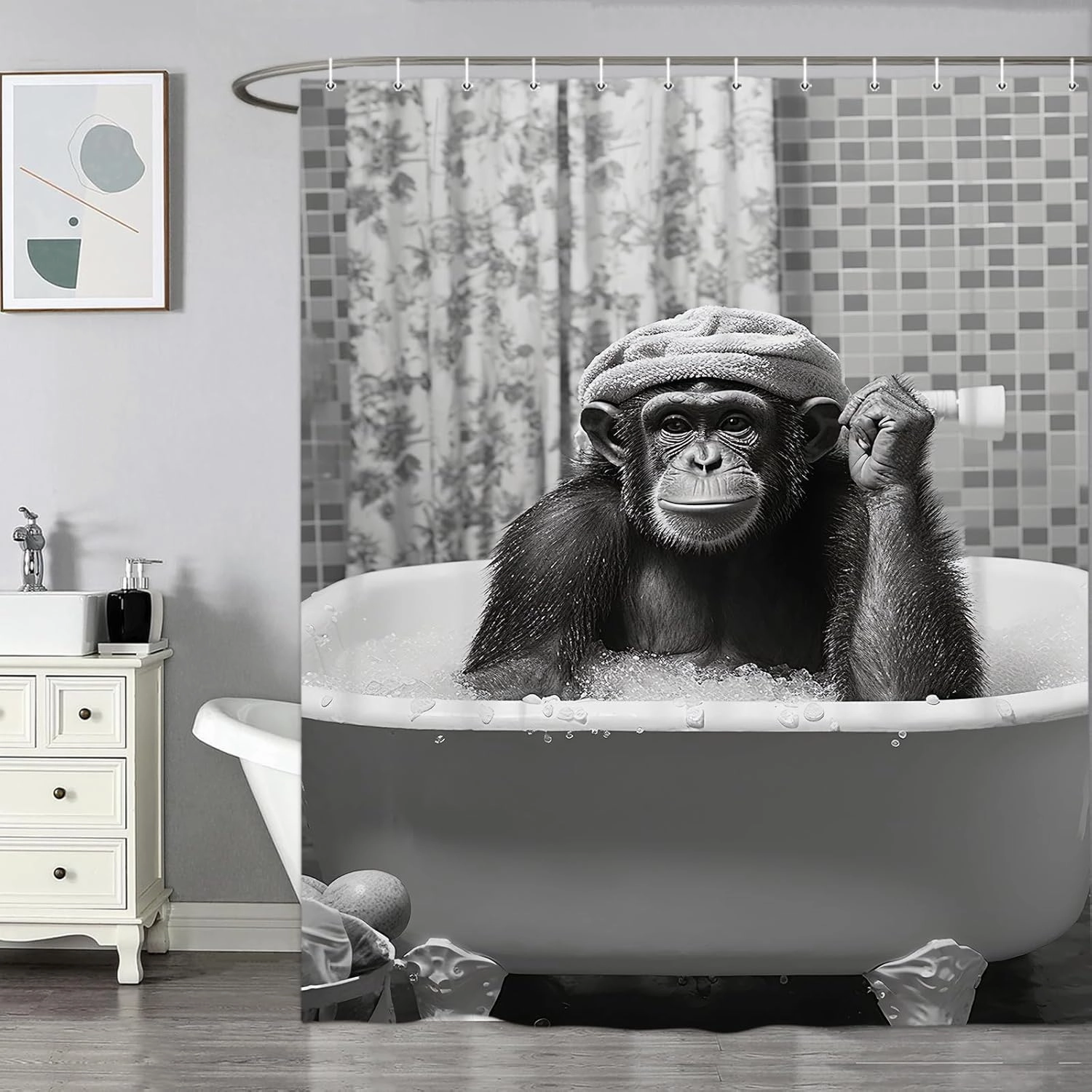 Funny Monkey Shower Curtain, Black and White Fun Chimpanzee Animal Bathroom Curtains, 72x72 Humorous Shower Curtain Set, Gray Wildlife Boys Men Modern Cool Bathroom Curtain