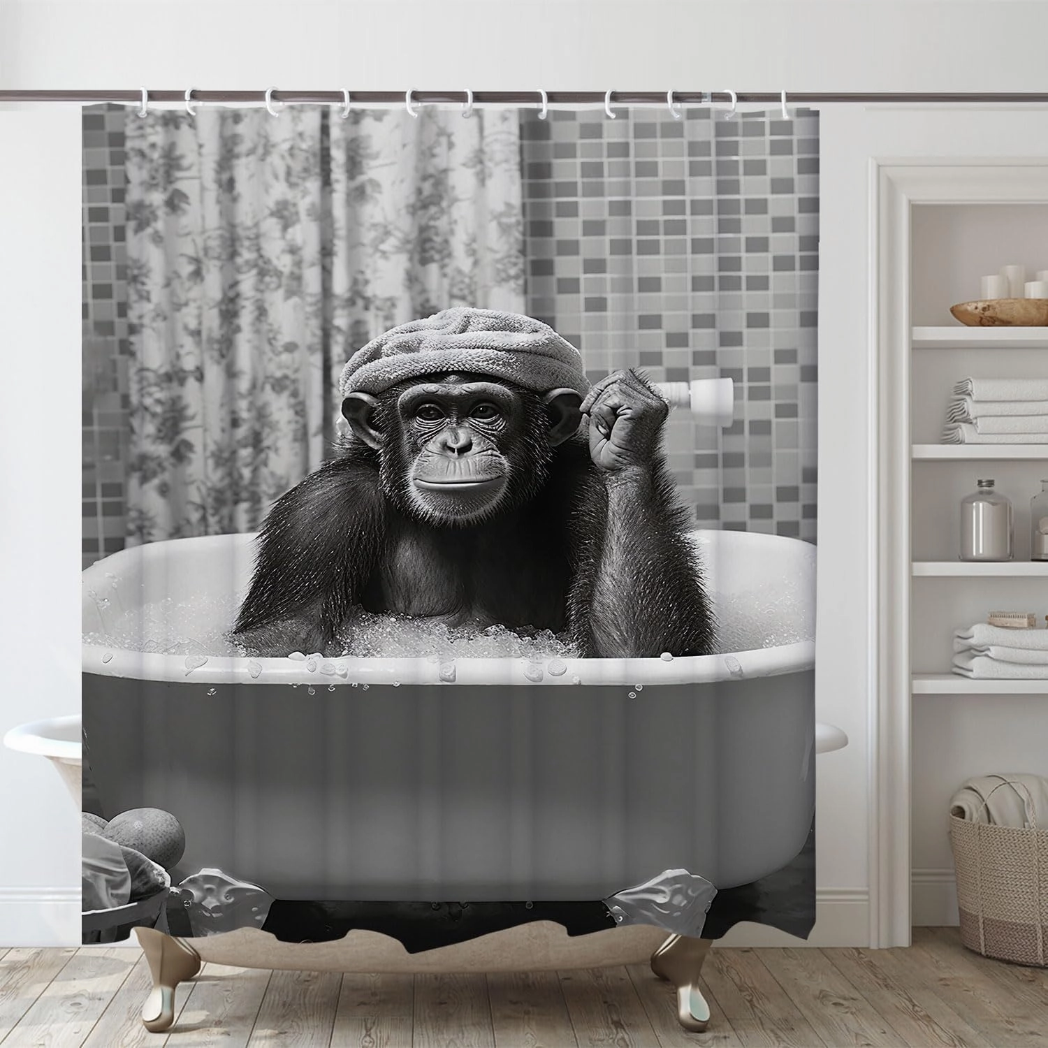 Funny Monkey Shower Curtain, Black and White Fun Chimpanzee Animal Bathroom Curtains, 72x72 Humorous Shower Curtain Set, Gray Wildlife Boys Men Modern Cool Bathroom Curtain