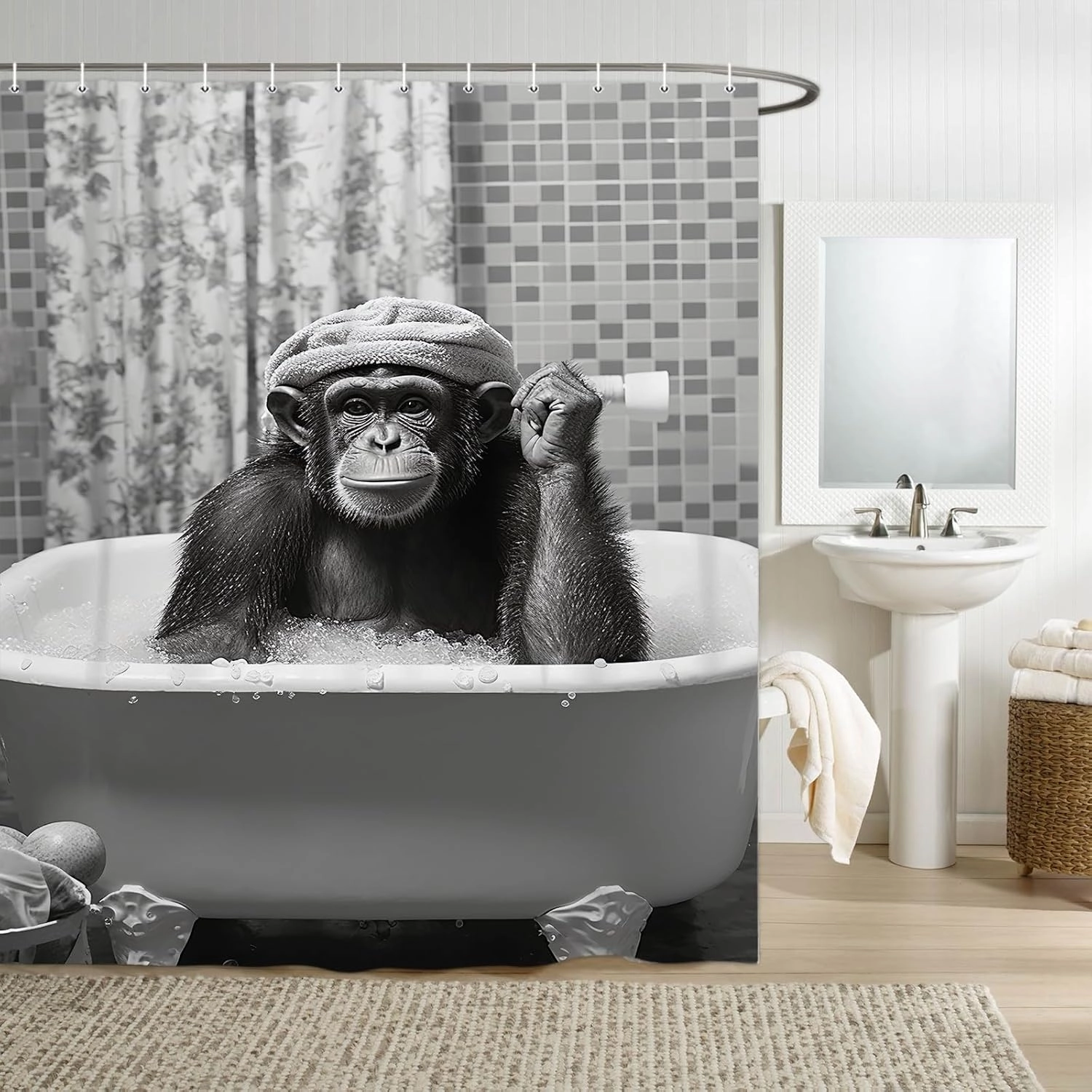 Funny Monkey Shower Curtain, Black and White Fun Chimpanzee Animal Bathroom Curtains, 72x72 Humorous Shower Curtain Set, Gray Wildlife Boys Men Modern Cool Bathroom Curtain