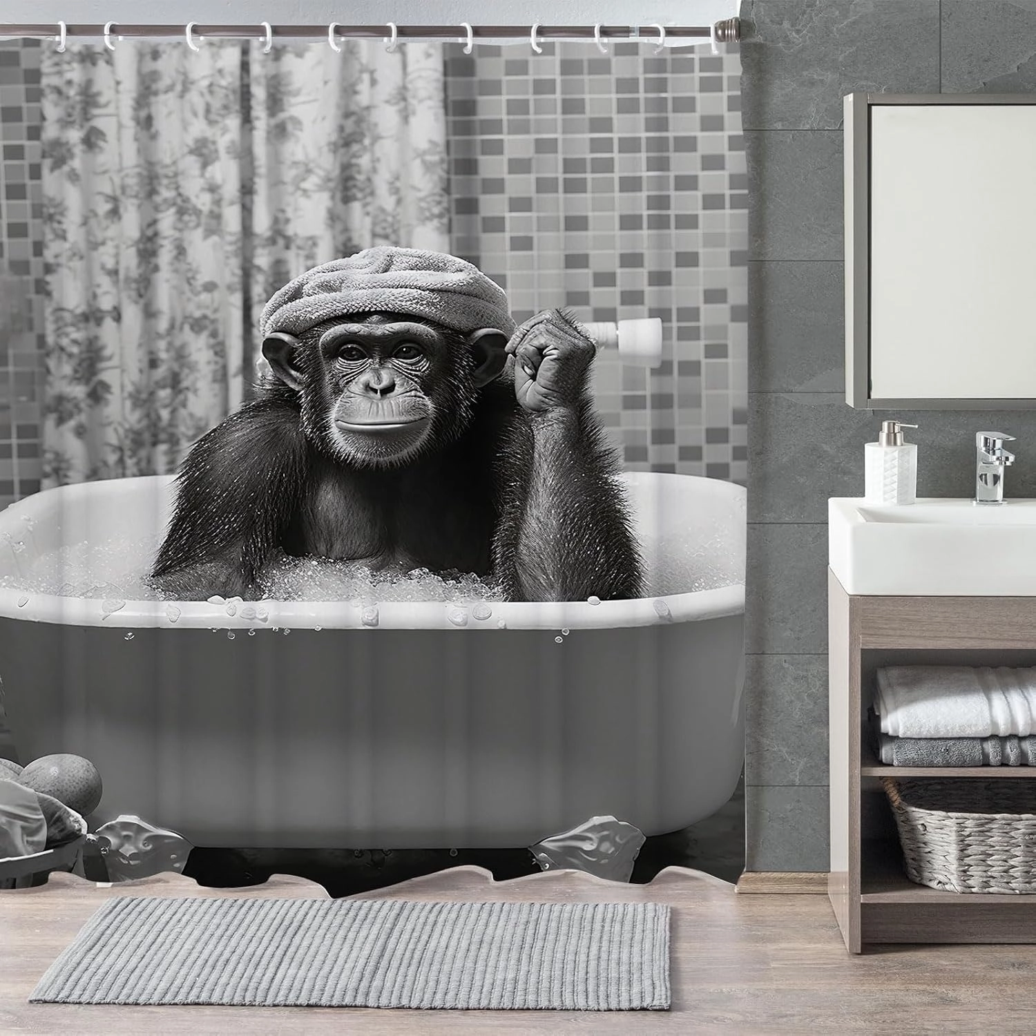 Funny Monkey Shower Curtain, Black and White Fun Chimpanzee Animal Bathroom Curtains, 72x72 Humorous Shower Curtain Set, Gray Wildlife Boys Men Modern Cool Bathroom Curtain
