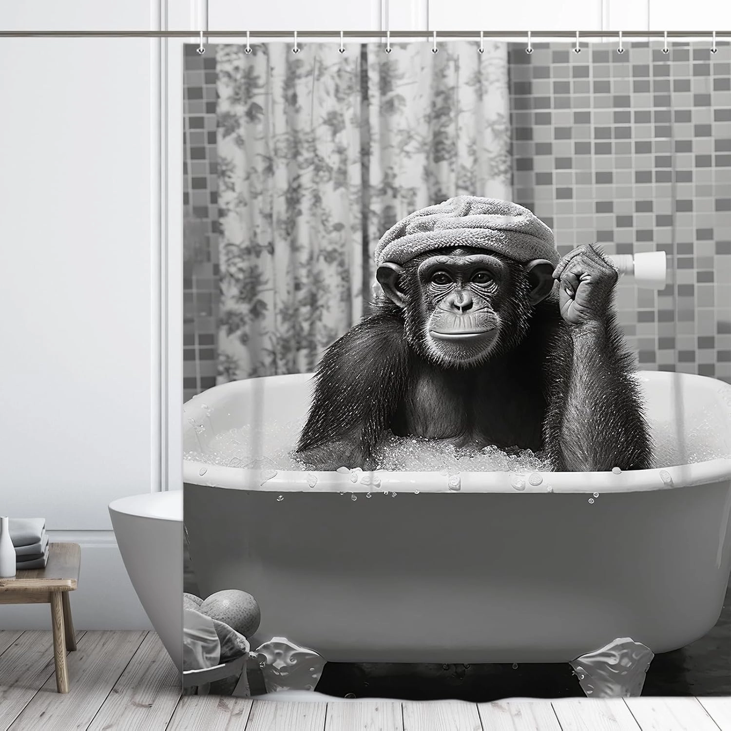 Funny Monkey Shower Curtain, Black and White Fun Chimpanzee Animal Bathroom Curtains, 72x72 Humorous Shower Curtain Set, Gray Wildlife Boys Men Modern Cool Bathroom Curtain