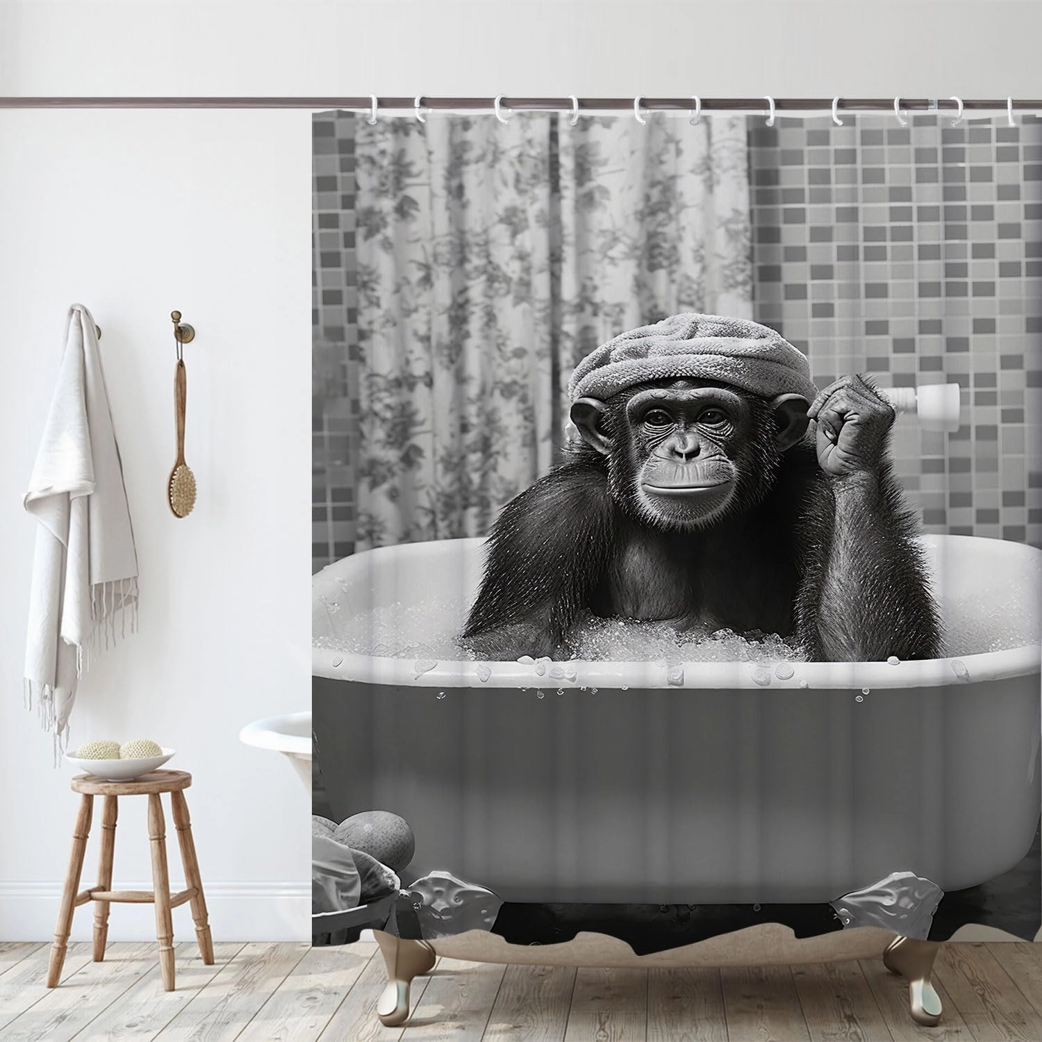 Funny Monkey Shower Curtain, Black and White Fun Chimpanzee Animal Bathroom Curtains, 72x72 Humorous Shower Curtain Set, Gray Wildlife Boys Men Modern Cool Bathroom Curtain
