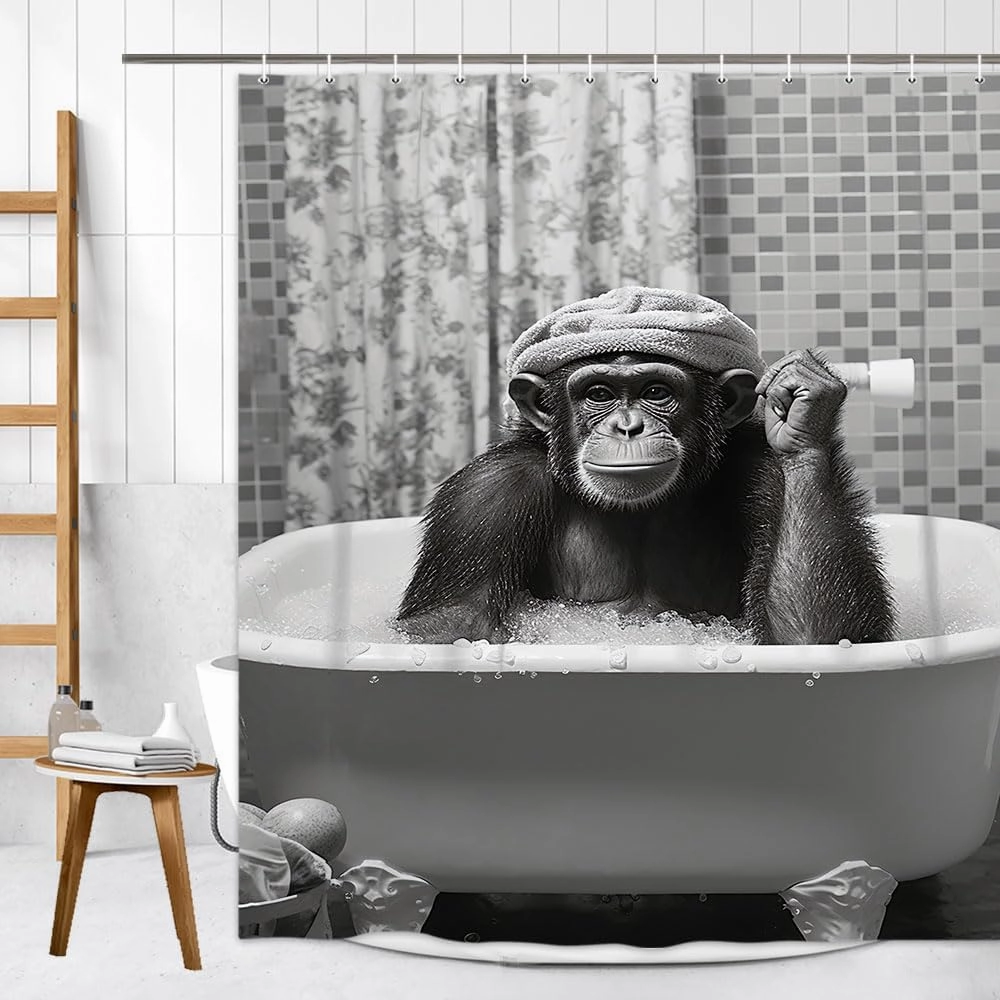 Funny Monkey Shower Curtain, Black and White Fun Chimpanzee Animal Bathroom Curtains, 72x72 Humorous Shower Curtain Set, Gray Wildlife Boys Men Modern Cool Bathroom Curtain