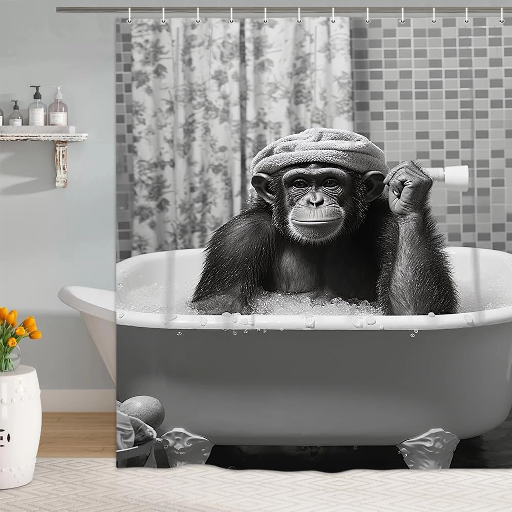 Funny Monkey Shower Curtain, Black and White Fun Chimpanzee Animal Bathroom Curtains, 72x72 Humorous Shower Curtain Set, Gray Wildlife Boys Men Modern Cool Bathroom Curtain
