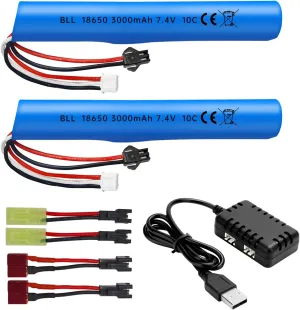 Fytoo 2PCS 7.4V 10C 3000mAh with SM-2P Plug with 2-in-1 Charger for MP5K M4 M110 SRB1200 SRB400 SRB400-SUB Airsoft Gel Bead Toy Gun Remote Control Toy Car Battery