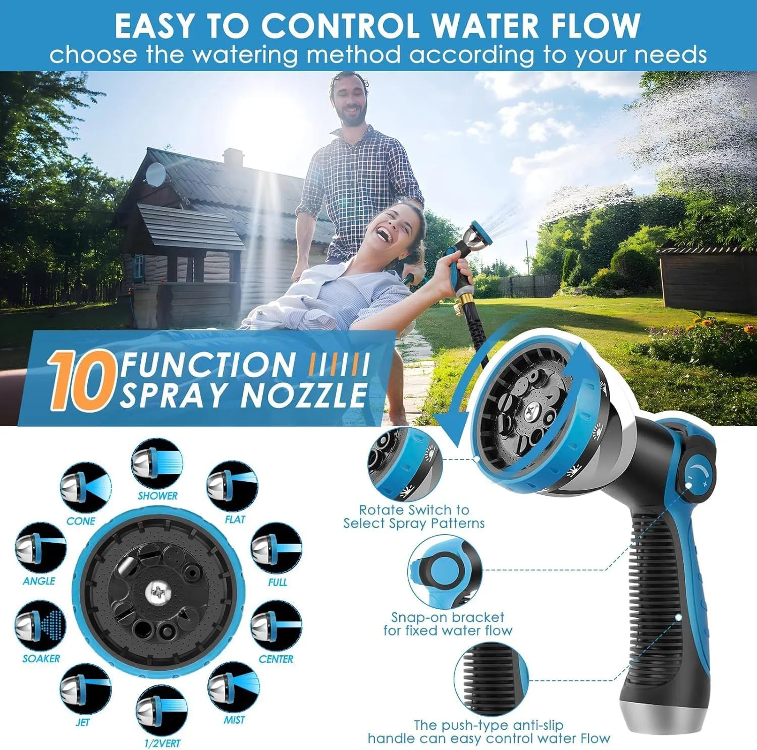 Garden Hose 100 ft, NON-EXPANDABLE Ultra Lightweight & Flexible Water Hose With 10-Pattern Spray Nozzle, Kink-Resistant, Leak-Proof, 3750D High-Density Fabric & Shut-Off Valve, Hose Straps